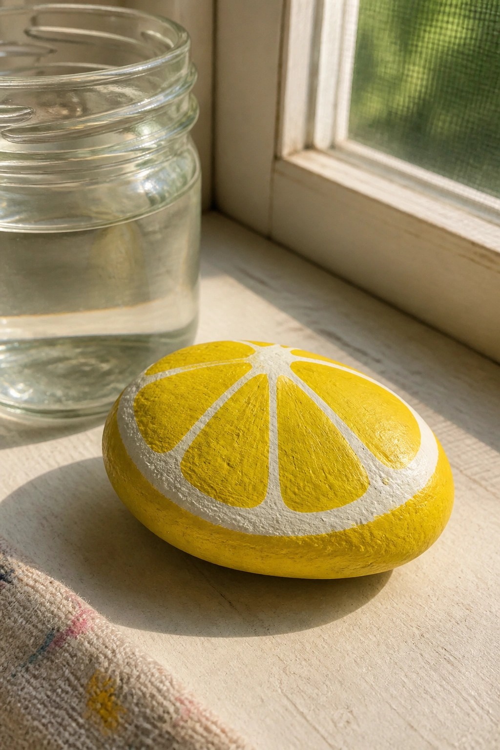 Yellow lemon-painted rock beside glass jar on sunlit windowsill