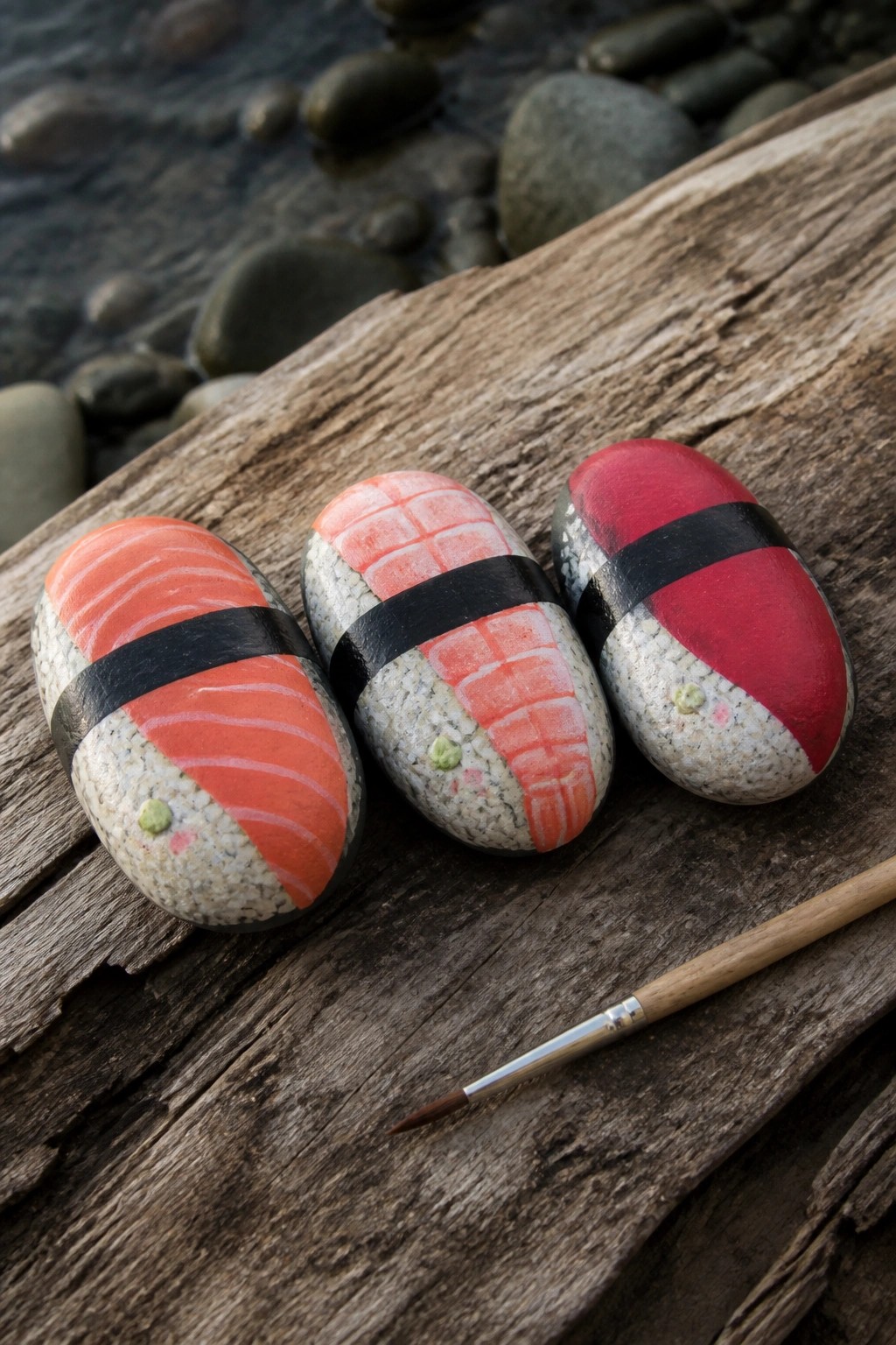 Three rocks painted as sushi on weathered wood beside a paintbrush