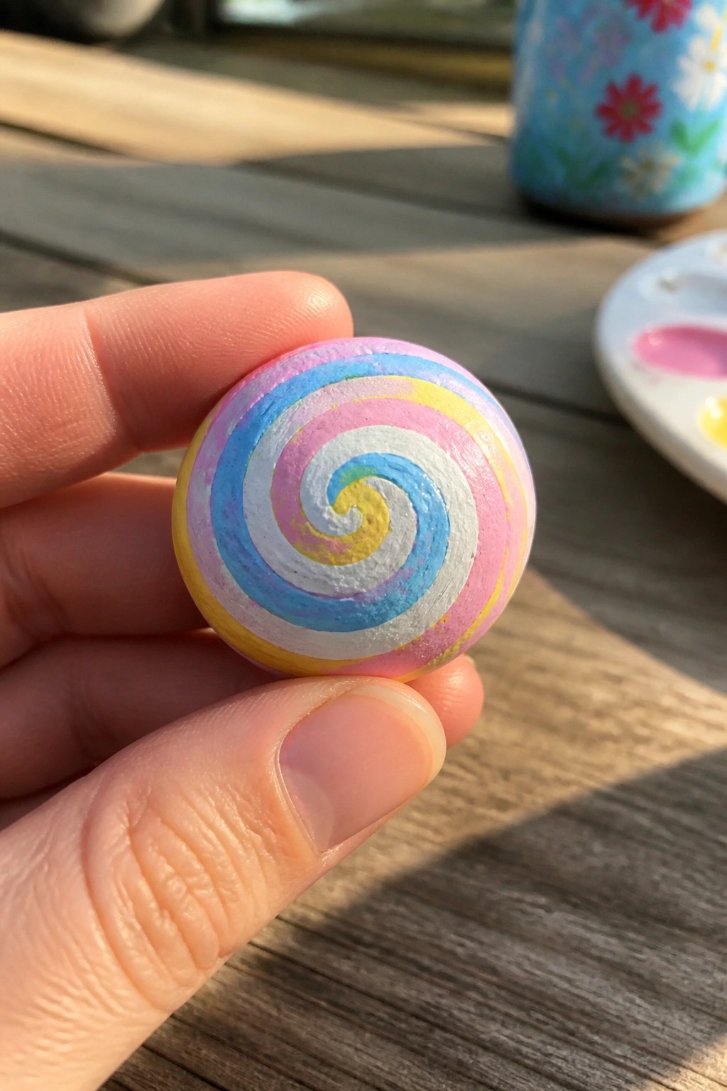 Hand holding small round stone with colorful pastel spiral painting on wood
