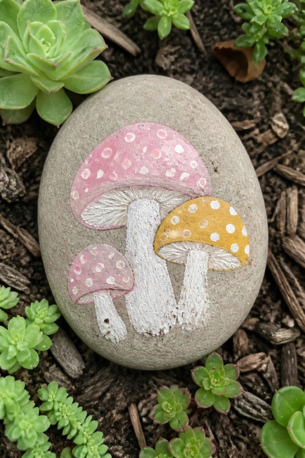 Painted gray rock with three spotted pink and yellow mushrooms among succulents