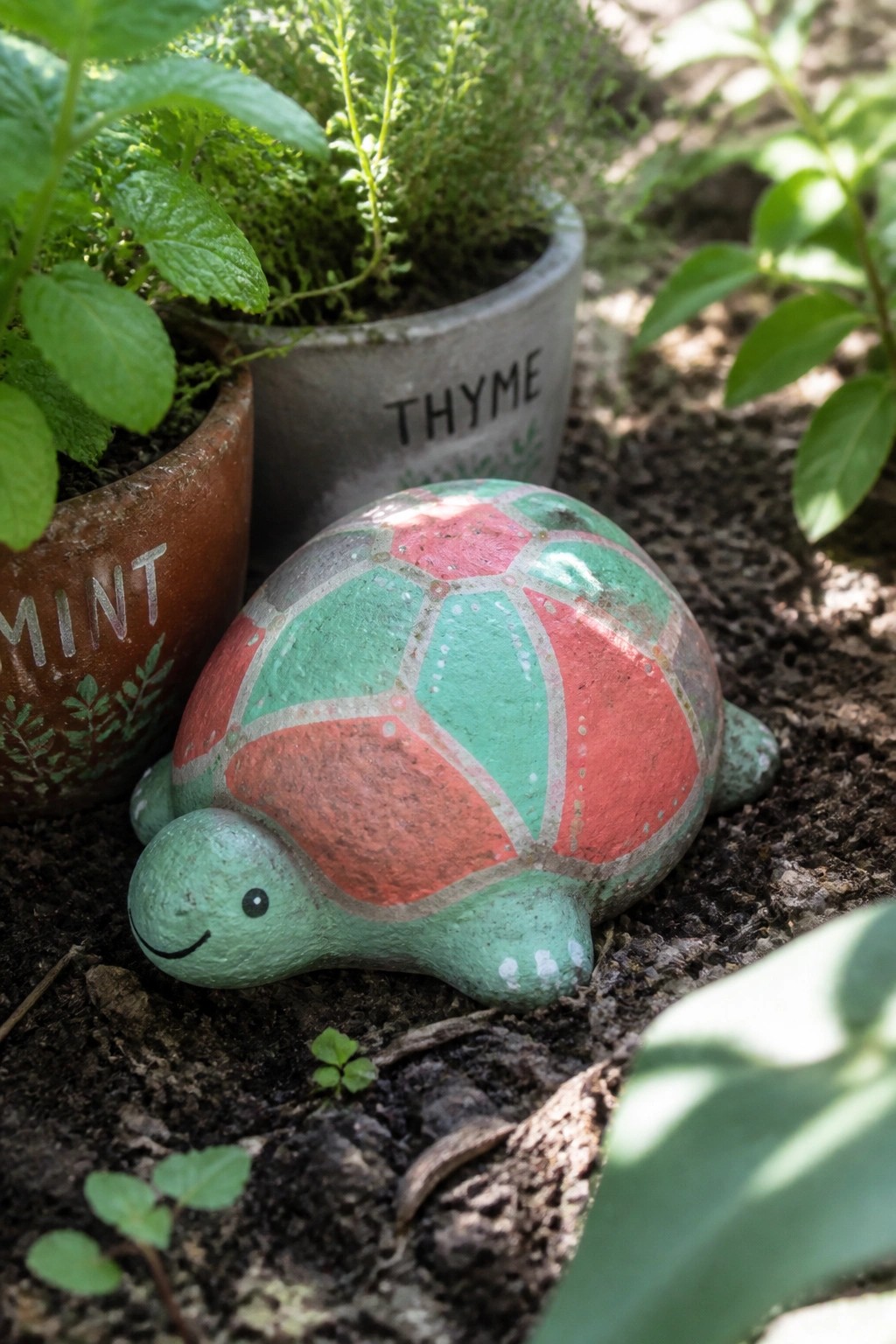 Colorful painted turtle statue beside mint and thyme potted herb plants on soil