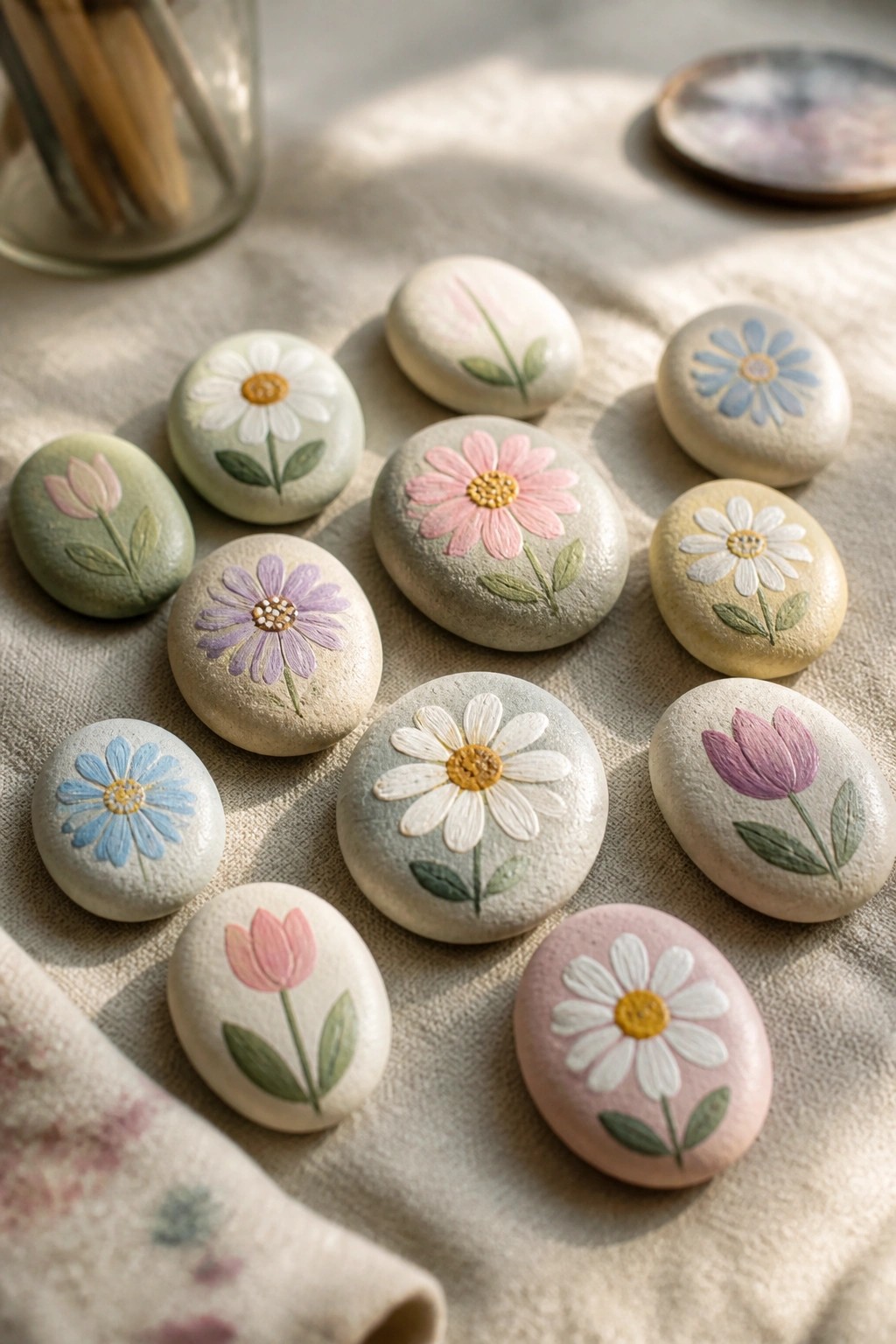 Painted stones with daisies, tulips, and flowers in soft pastel colors on fabric.