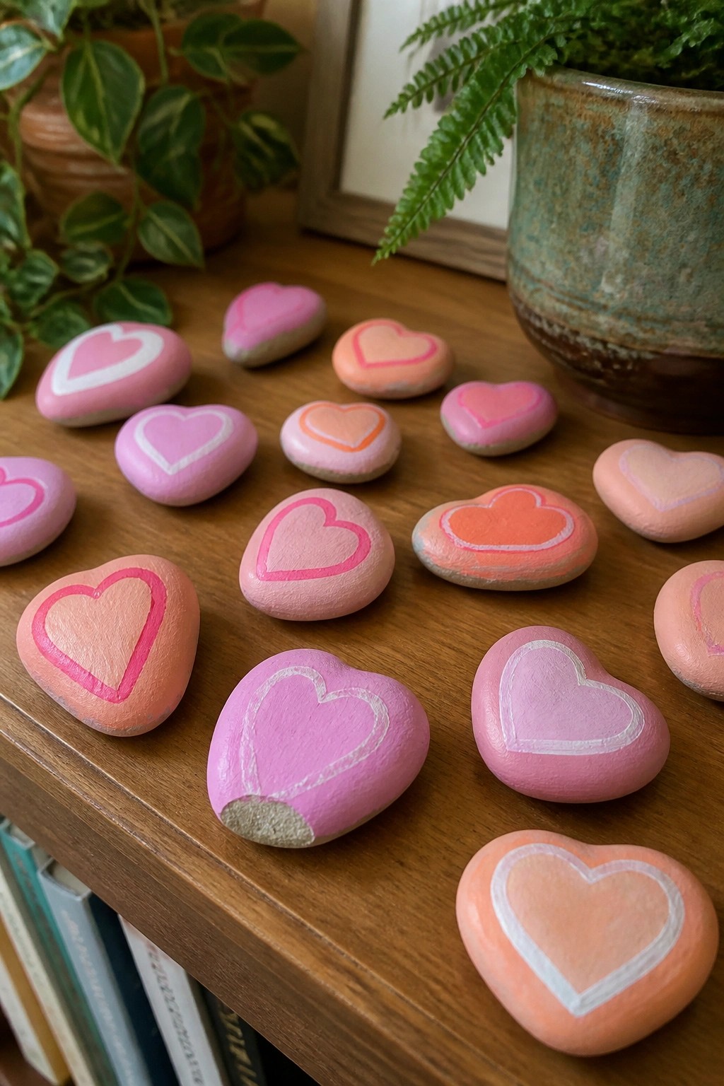 Heart-shaped rocks painted pink and coral on wooden surface with houseplants nearby.