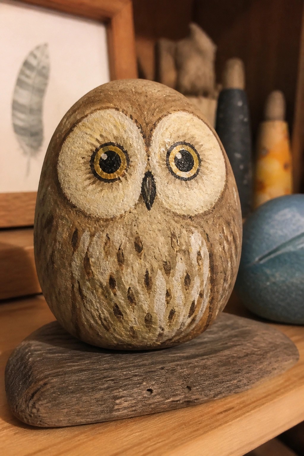 A painted rock owl with large eyes sits on a wooden base.