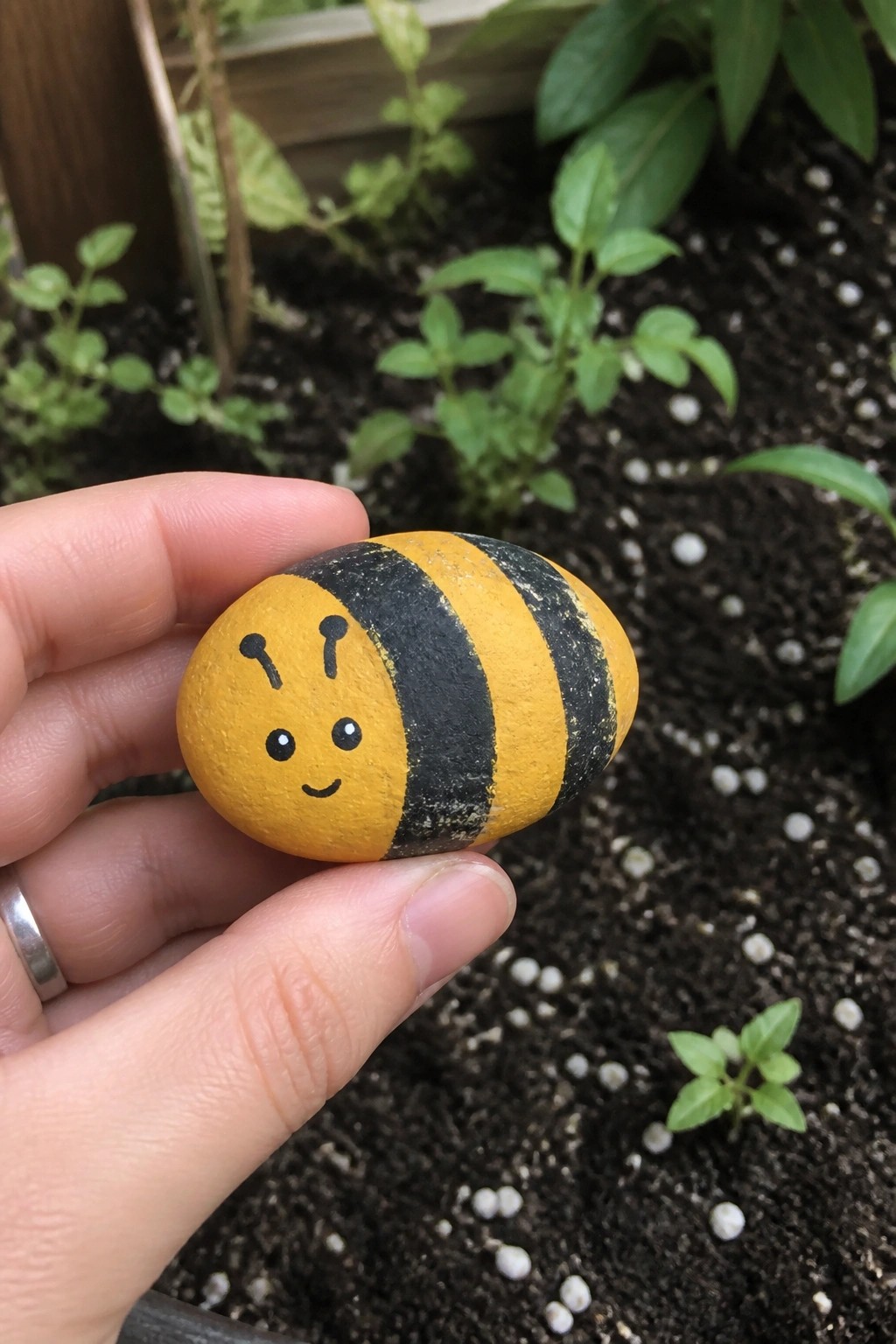 Hand holding yellow-and-black striped bumblebee rock with smiling face over garden soil