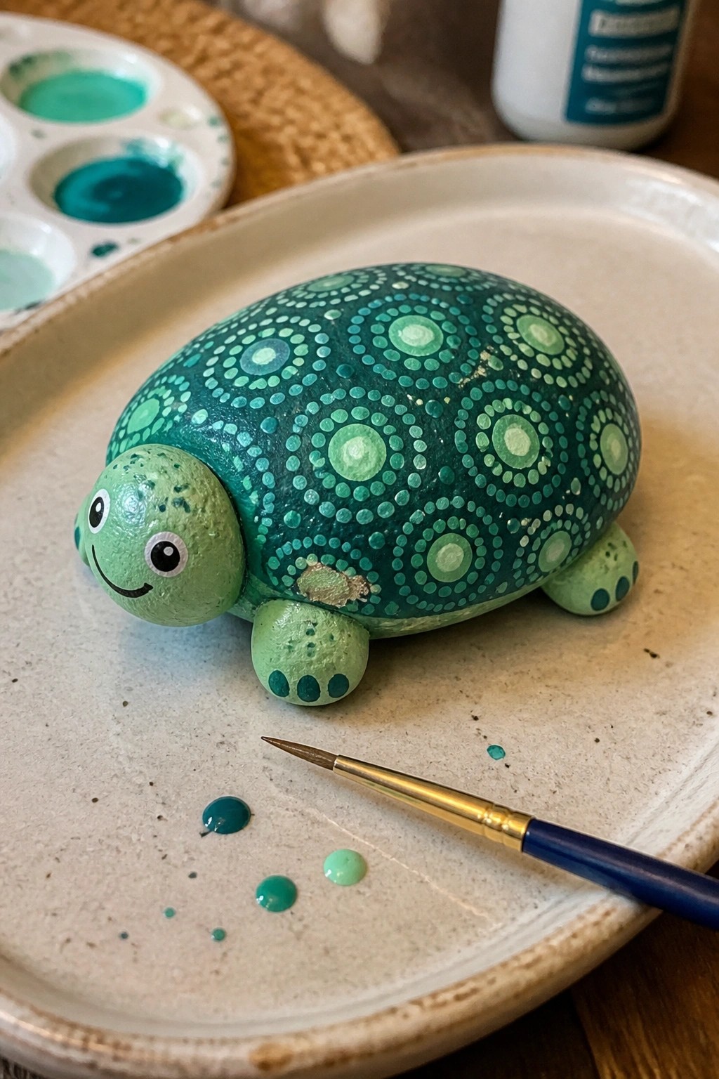 Painted green turtle rock with dotted shell on beige plate beside paintbrush
