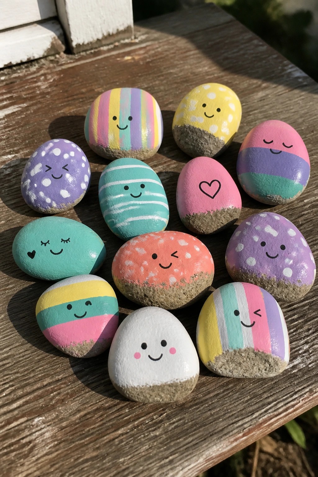 A group of small painted rocks showing stripes, dots, and simple faces arranged on a wooden surface.
