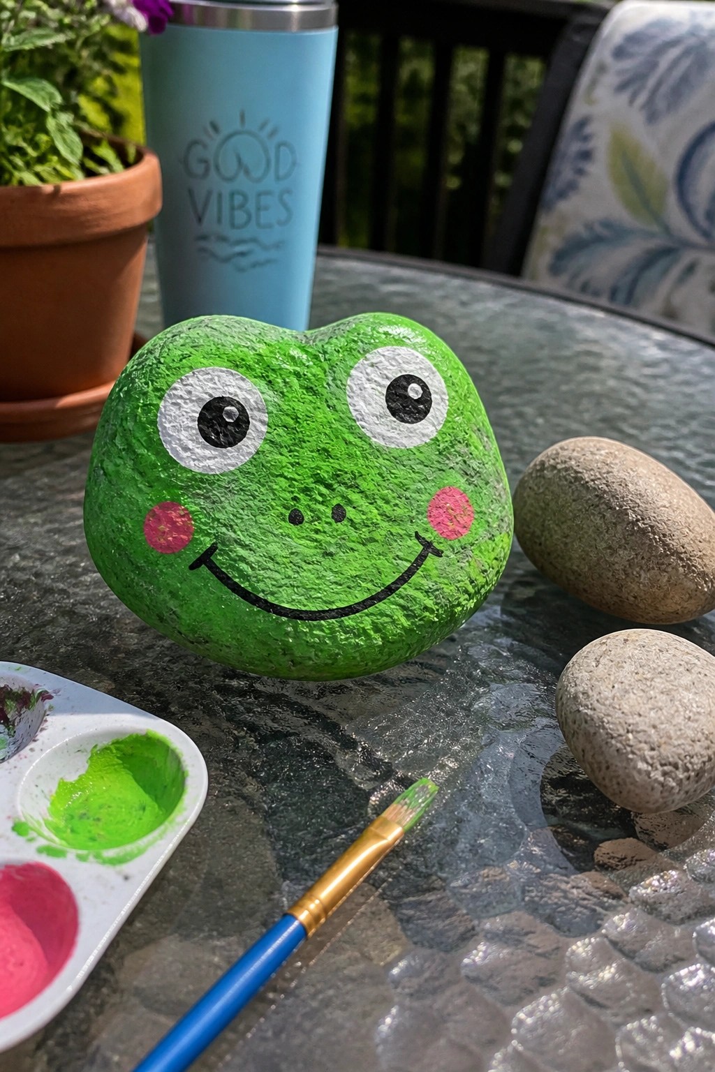 Green frog rock painted on glass table next to paintbrush, palette, and plain rocks