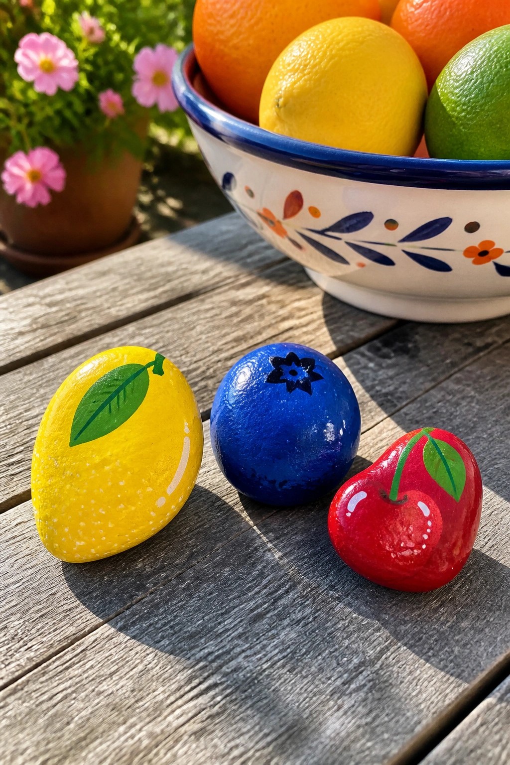 Painted lemon, blueberry, and cherry rocks on wooden table near fruit bowl