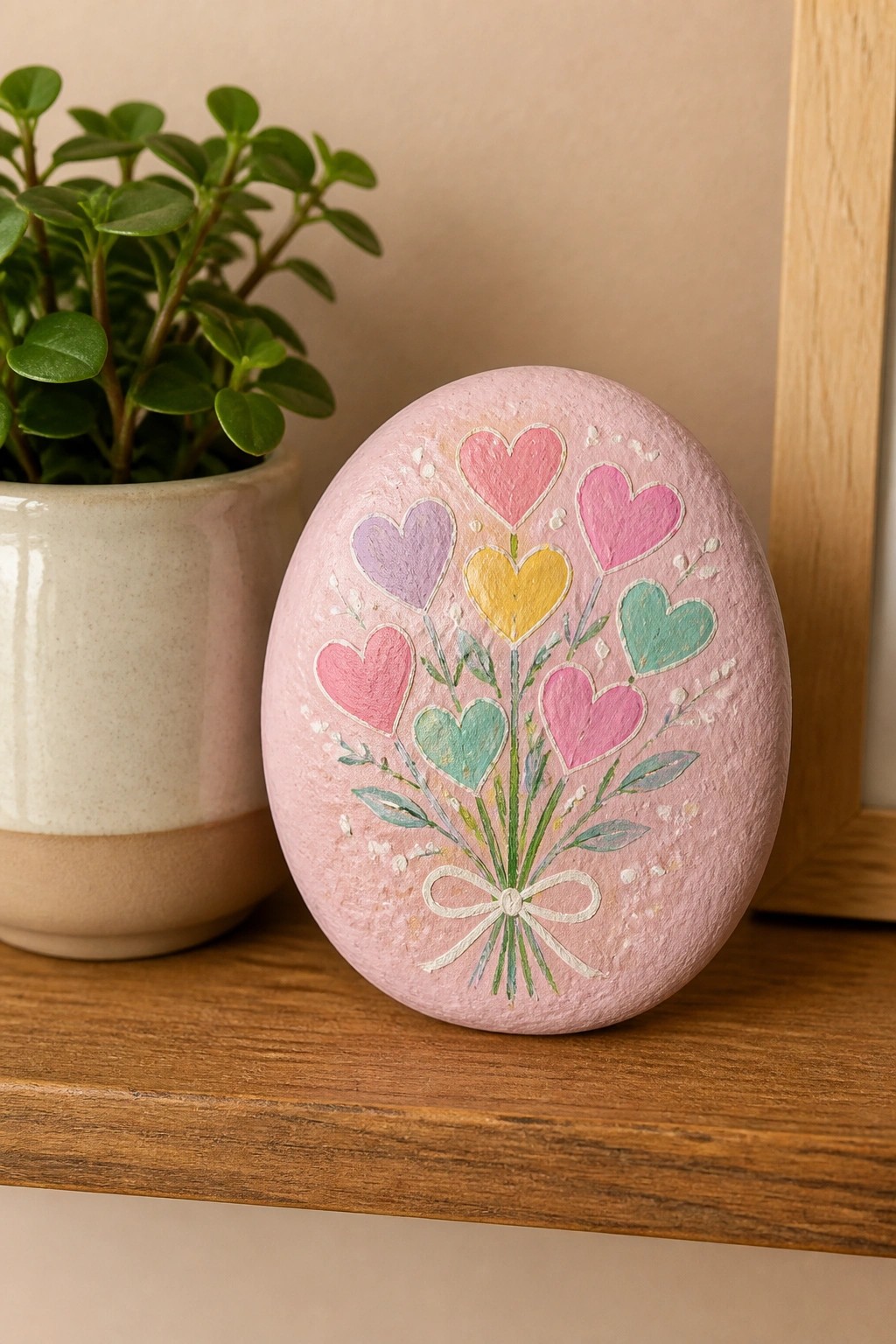 Pink painted rock with colorful heart bouquet and white bow beside potted plant