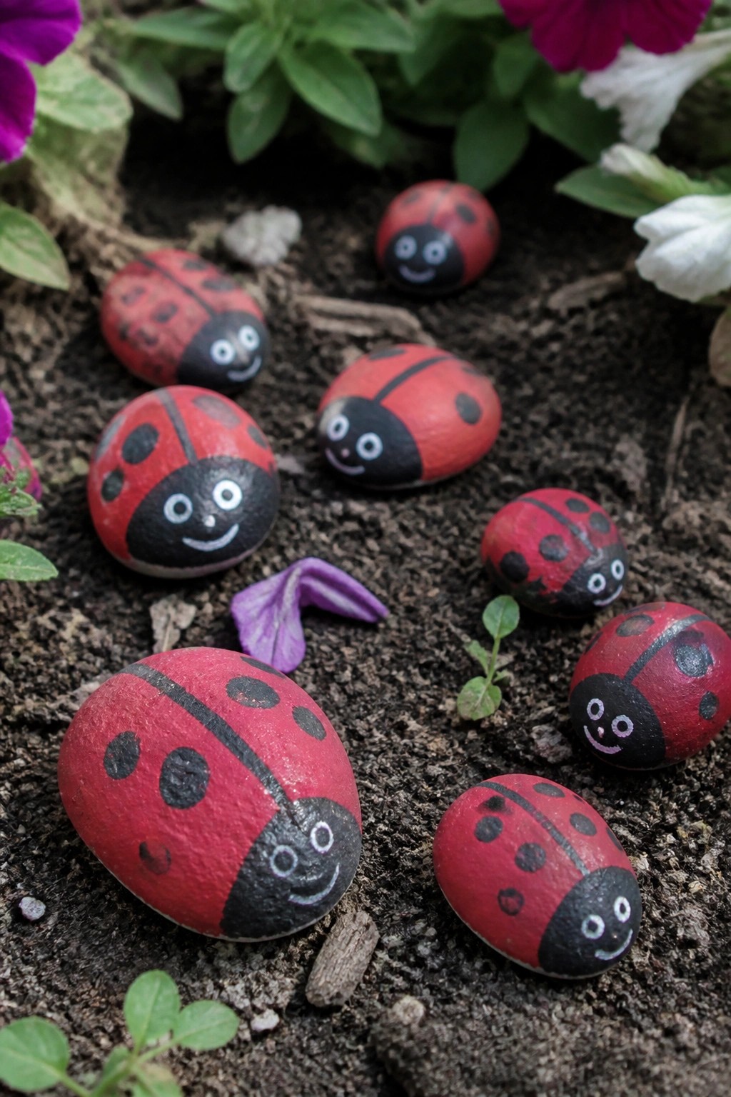 Painted ladybug rocks with smiling faces on garden soil among flowers.