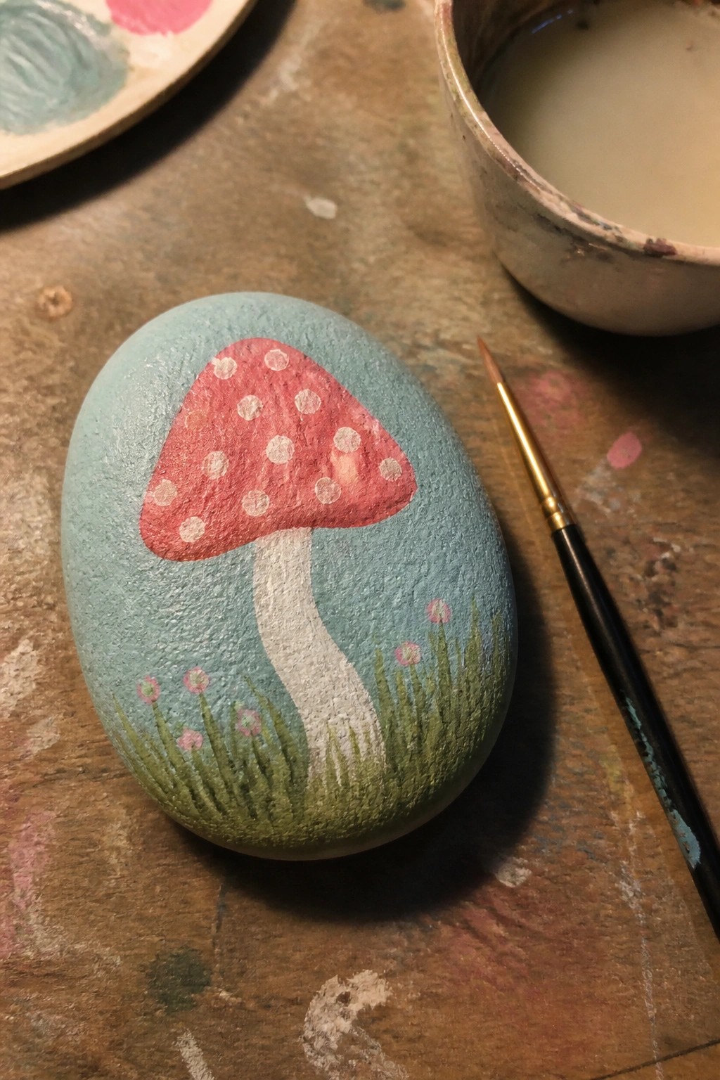 Light blue rock painted with red mushroom, white spots, stem, and green grass beside brush