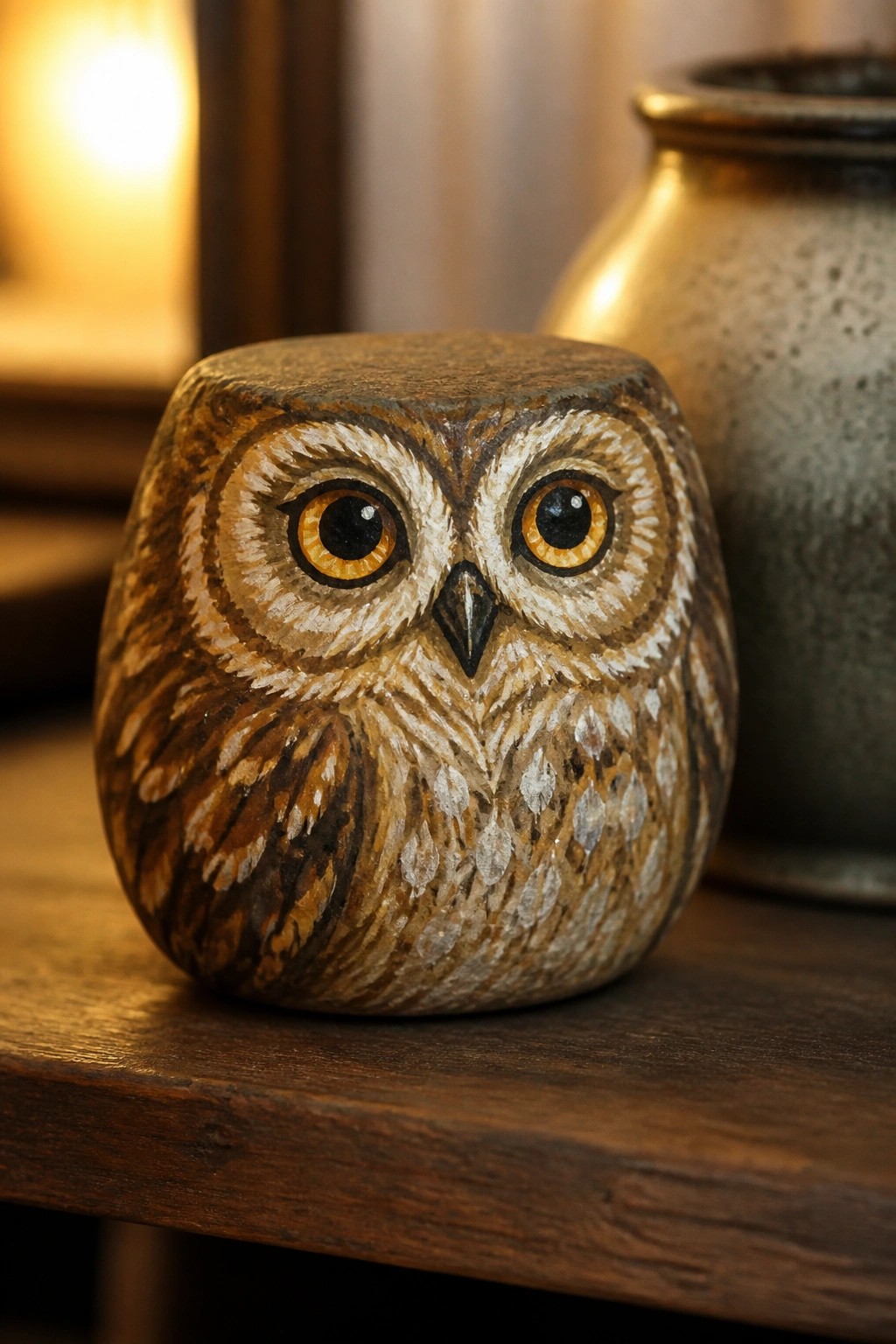 Painted wooden owl figurine with brown feathers and large orange eyes on table