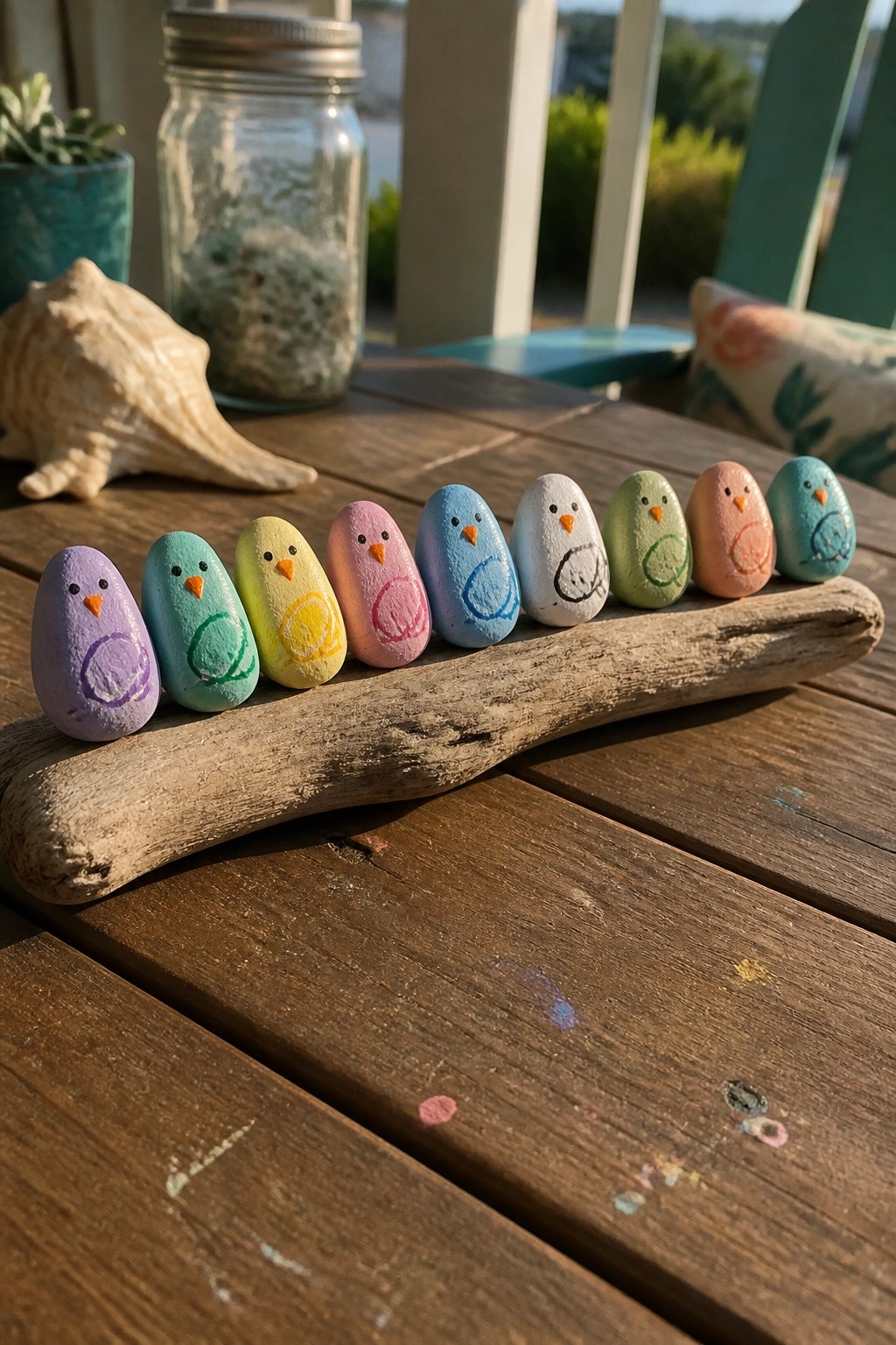 Nine colorful painted rock birds lined up on driftwood atop wooden table