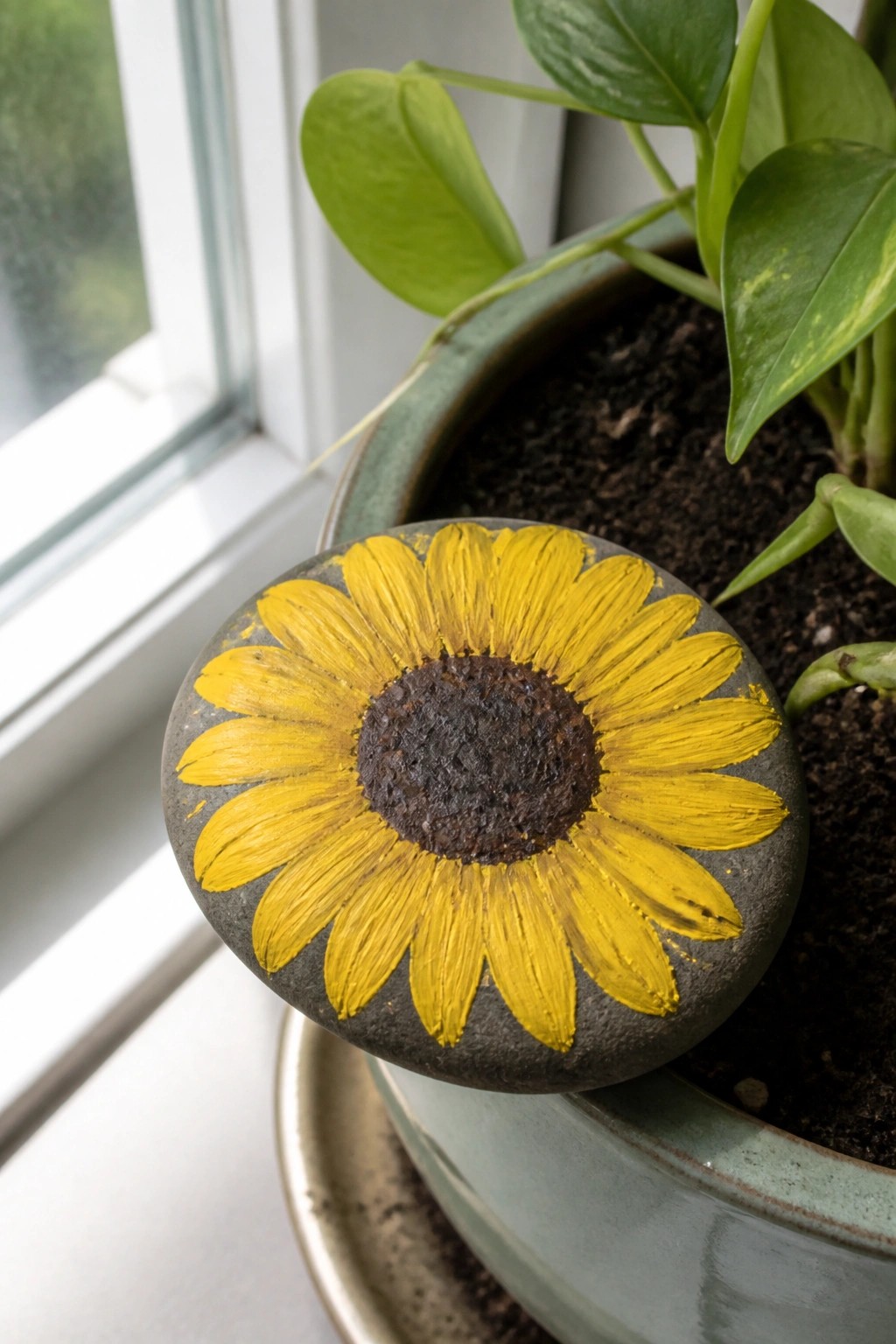 Painted yellow sunflower on dark gray stone in green plant pot by window