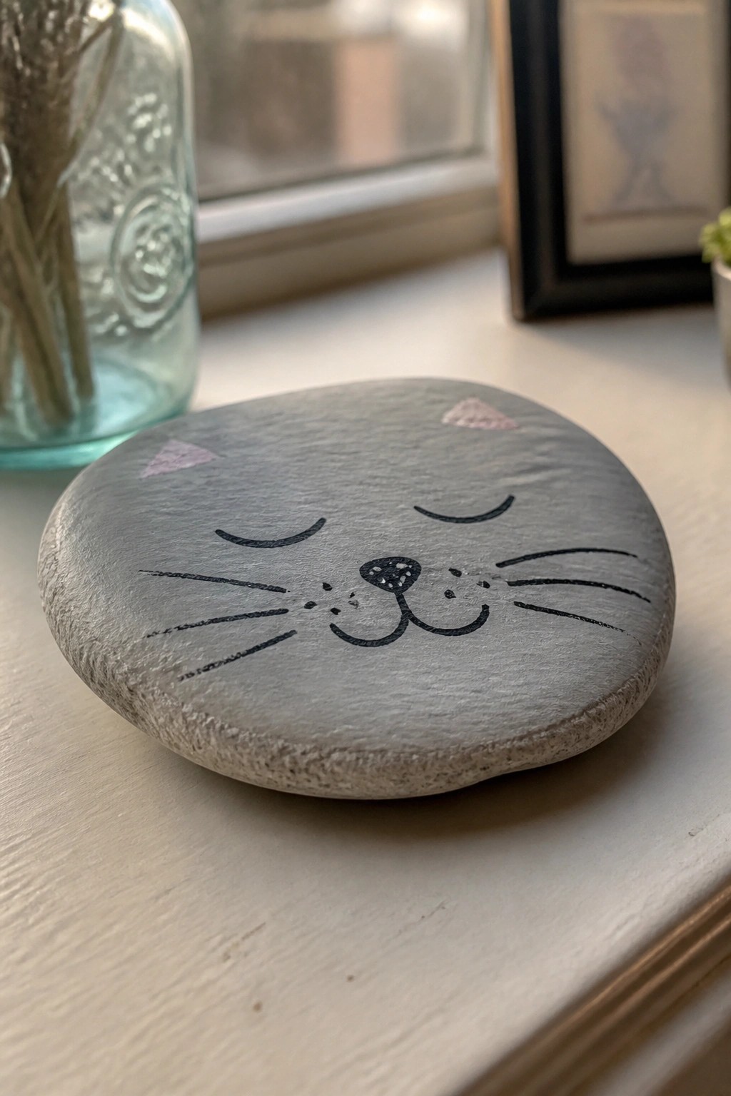 Gray painted stone cat face with whiskers and pink ears on wooden windowsill