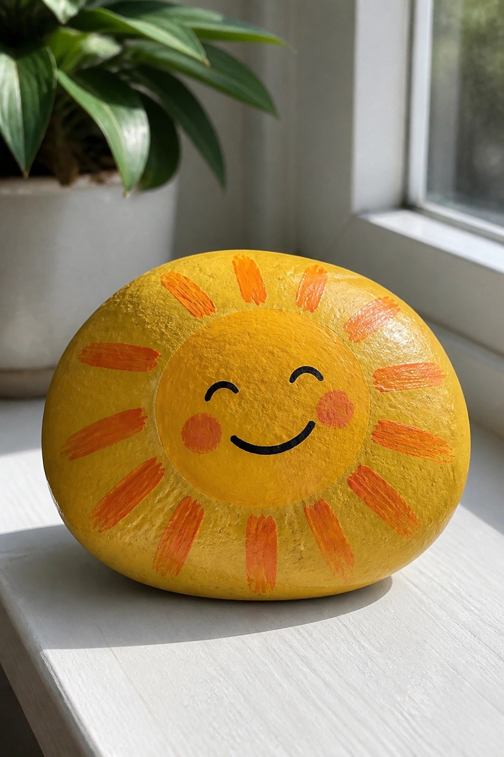 Yellow painted rock with smiling sun face, orange rays on white windowsill