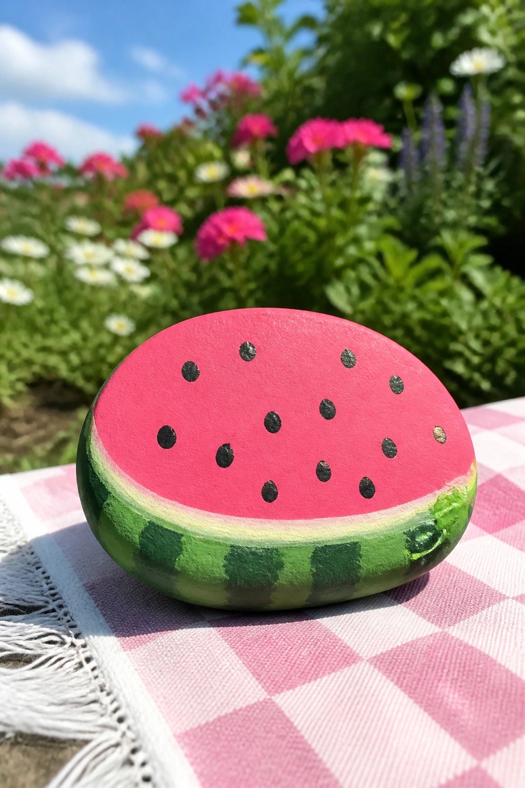Painted watermelon rock on pink checkered cloth amid blooming garden flowers