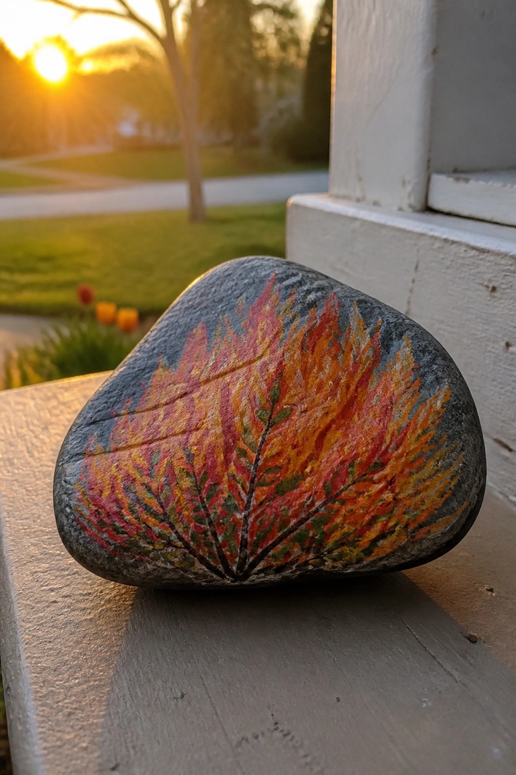 Gray rock with vibrant red-orange autumn leaf painting on wooden ledge at sunset