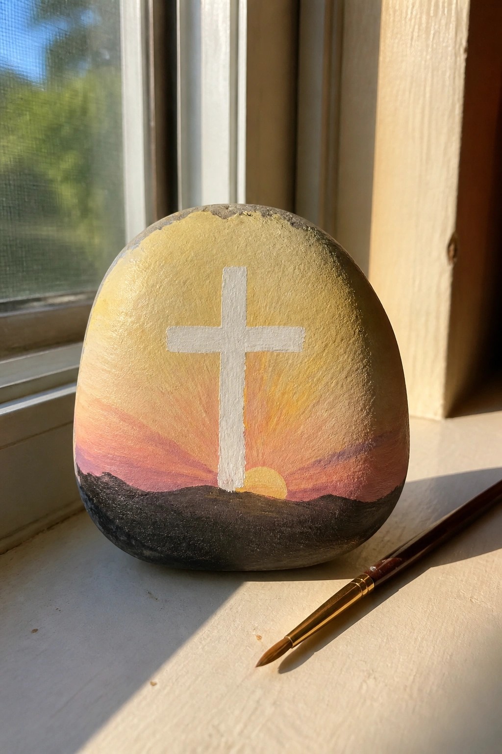 Painted rock with white cross over orange-pink sunset beside paintbrush on windowsill.