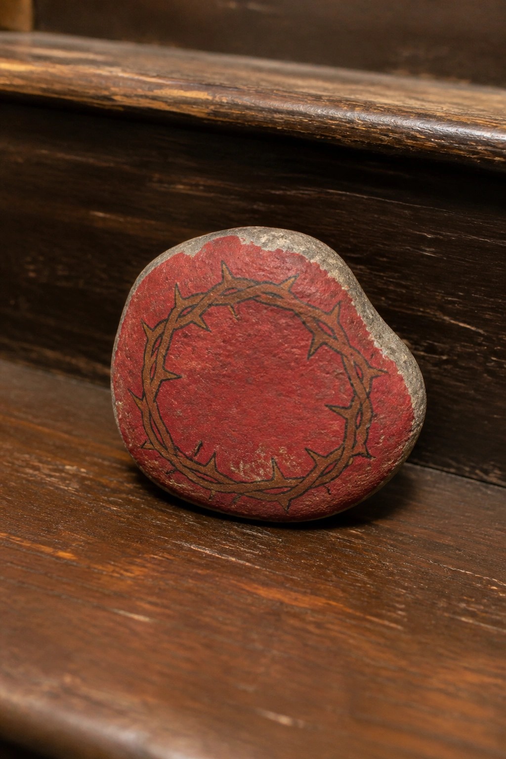 Red stone painted with brown crown of thorns on dark wooden surface