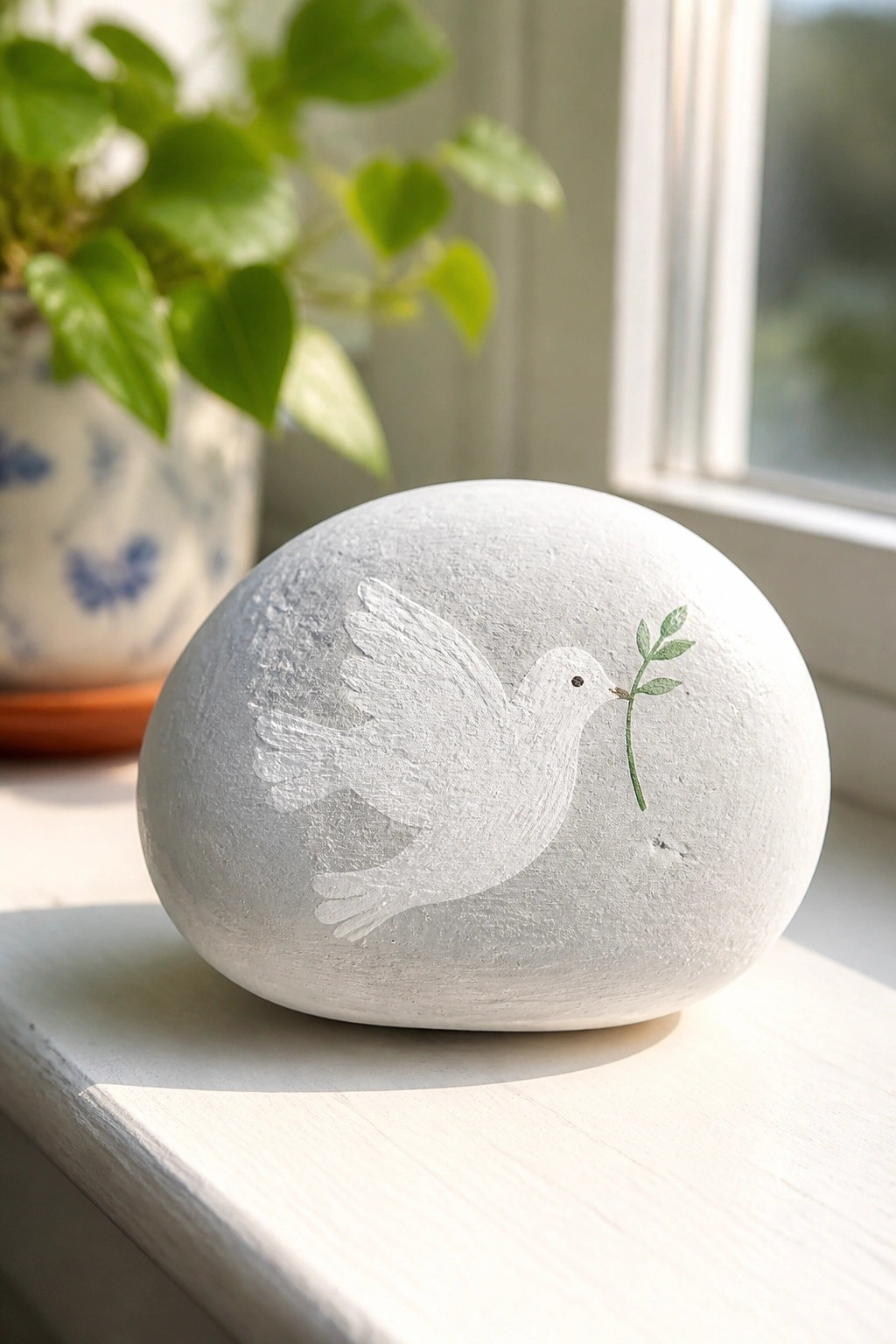 Round white stone with dove and green branch painting on sunny windowsill.