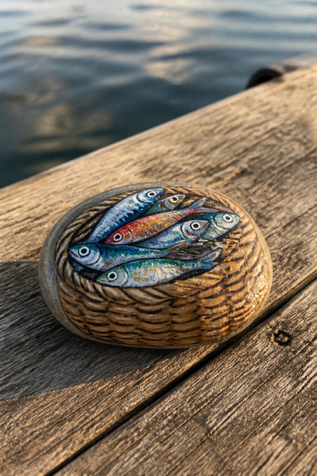 Painted stone with colorful fish in woven basket on wooden dock by water.