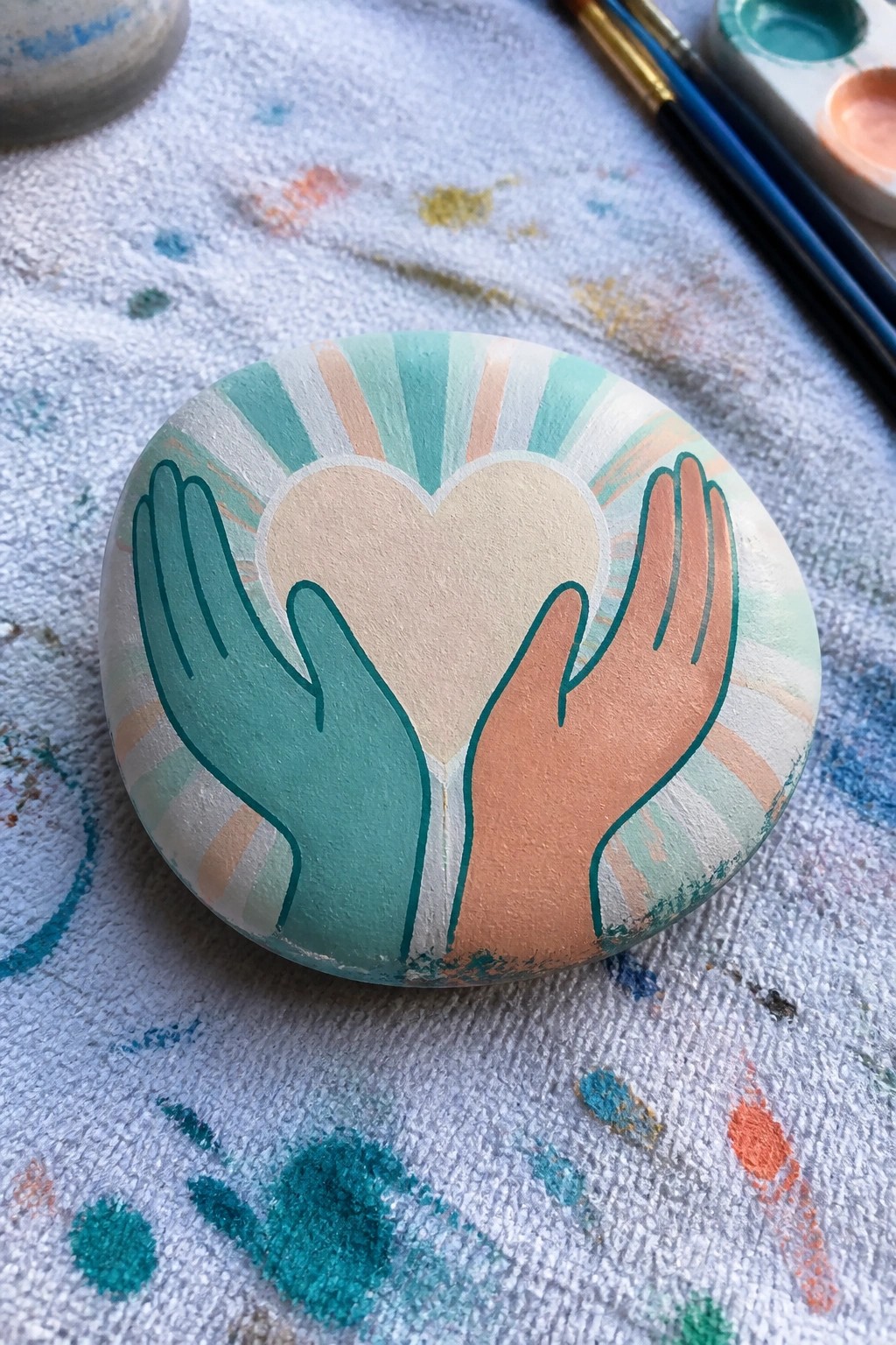 Painted rock with teal and peach hands holding a heart on sunburst stripes