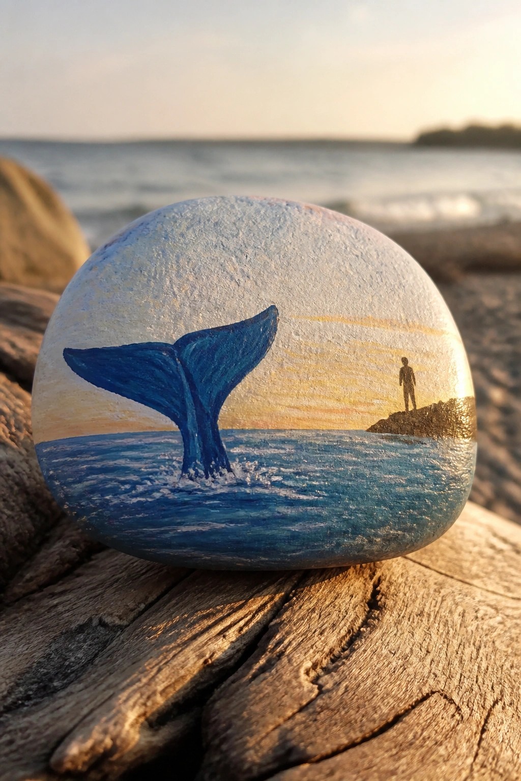 Painted rock with blue whale tail in ocean at sunset beside silhouetted figure on rock