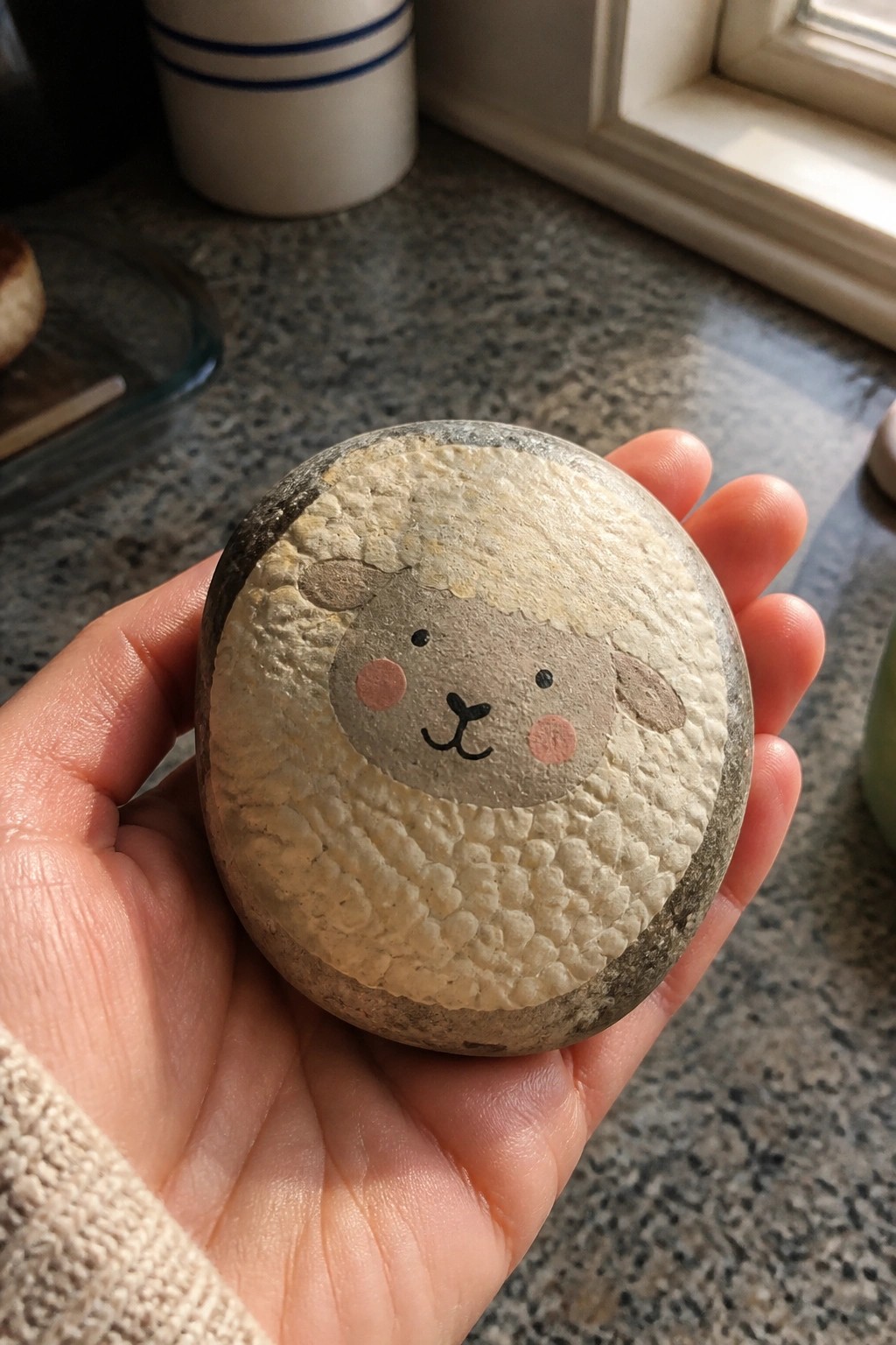 Hand holding round stone painted as sheep with wool texture and pink cheeks