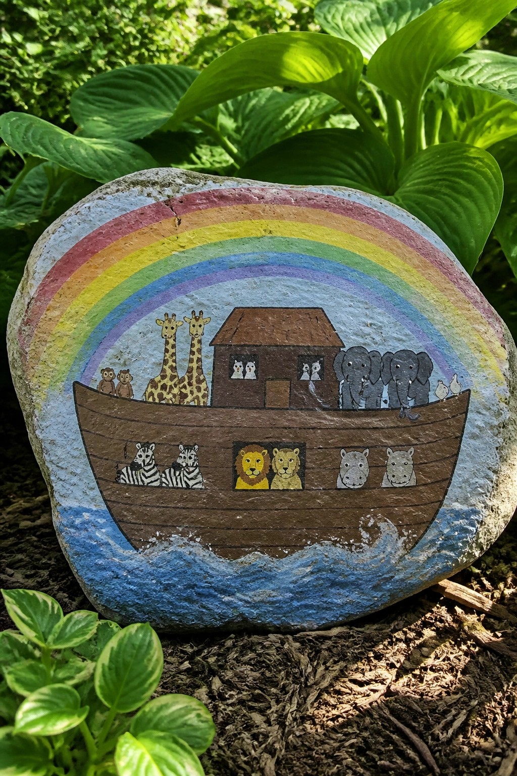 Painted rock of Noah's Ark with animals under rainbow on blue waves