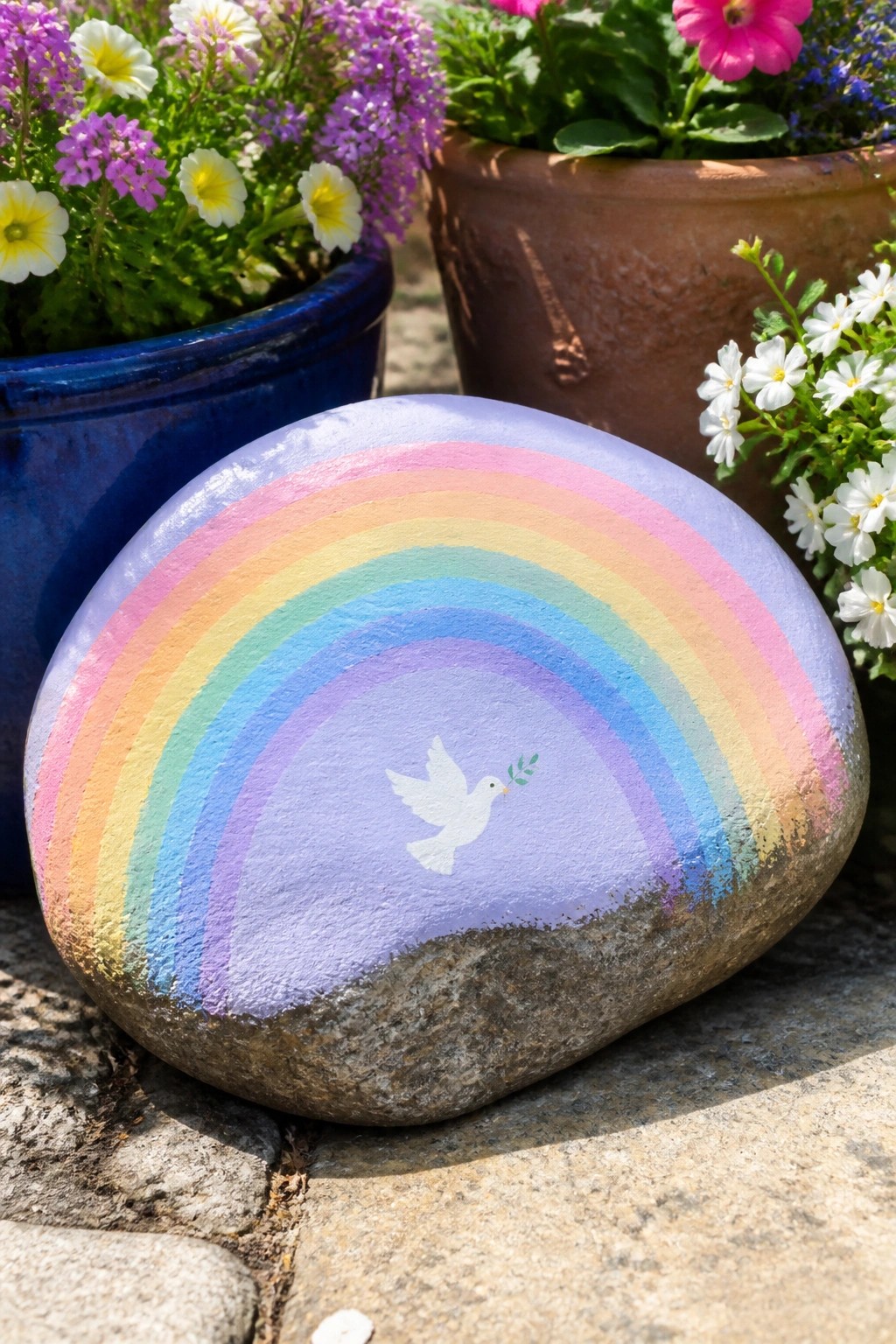 Rainbow-painted rock with white dove beside colorful potted flowers