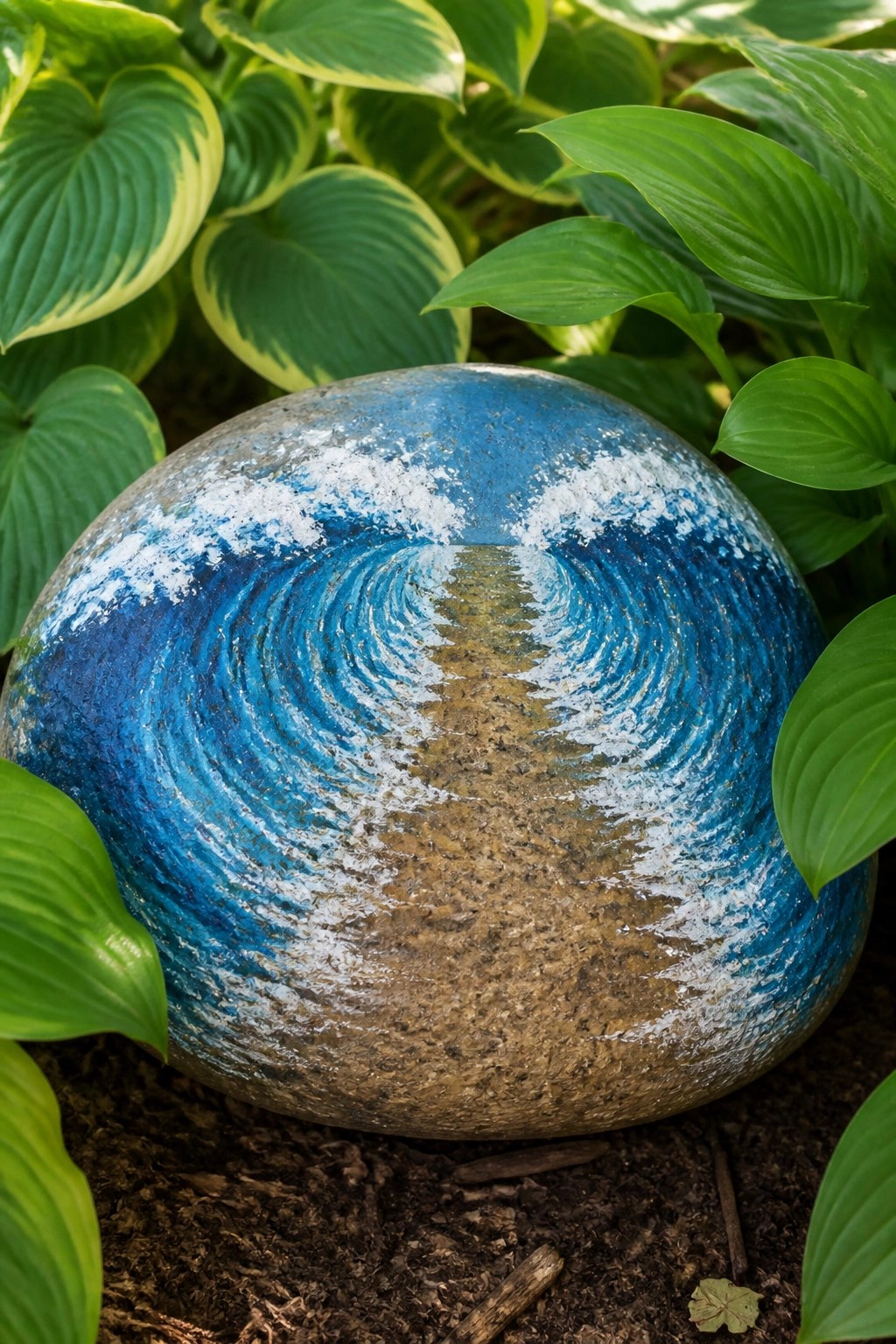 Round stone painted with blue swirling waves amid lush green hosta leaves