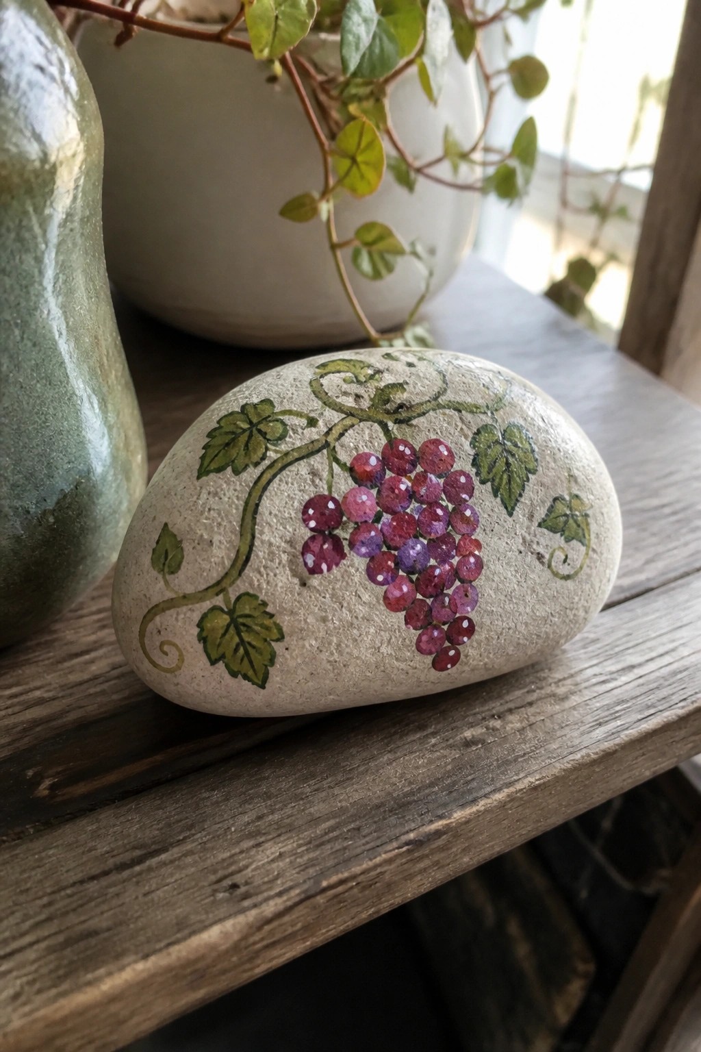 Painted stone with purple grapes, green vines, and leaves on wooden surface