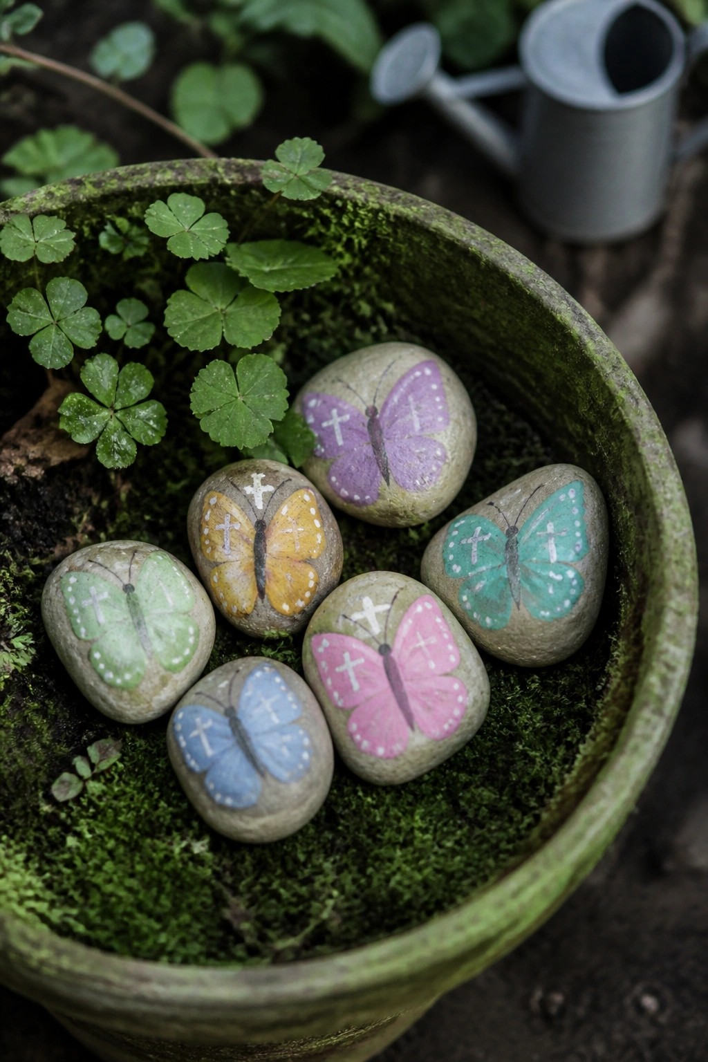 Colorful butterfly-painted stones with crosses rest in a mossy green garden pot