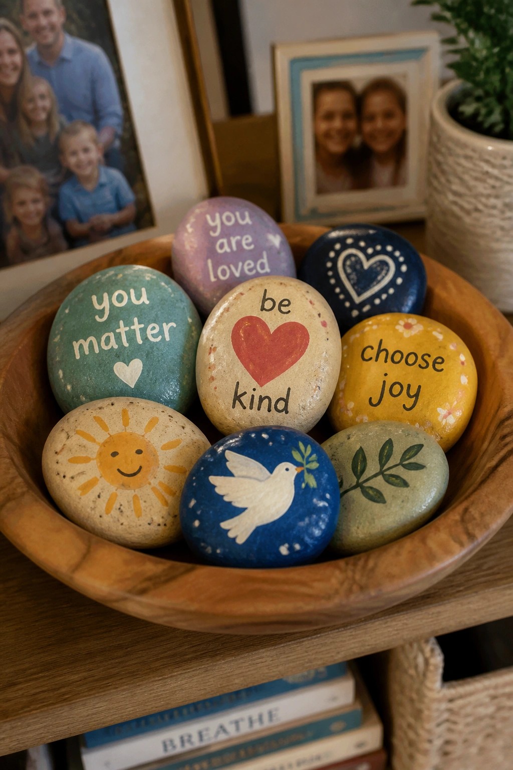 Wooden bowl of colorful painted rocks with hearts, sun, dove, and positive messages