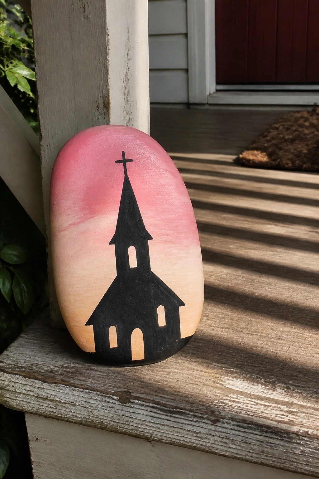 Painted rock with black church silhouette on pink-orange gradient atop wooden porch step