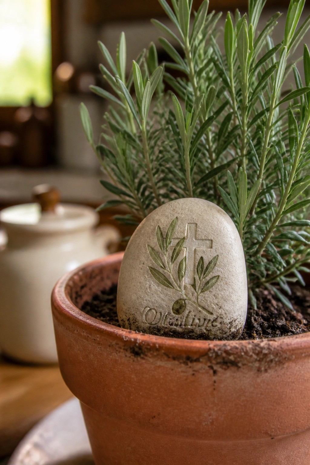 Engraved stone with cross and olive branch in terracotta pot with green plant.