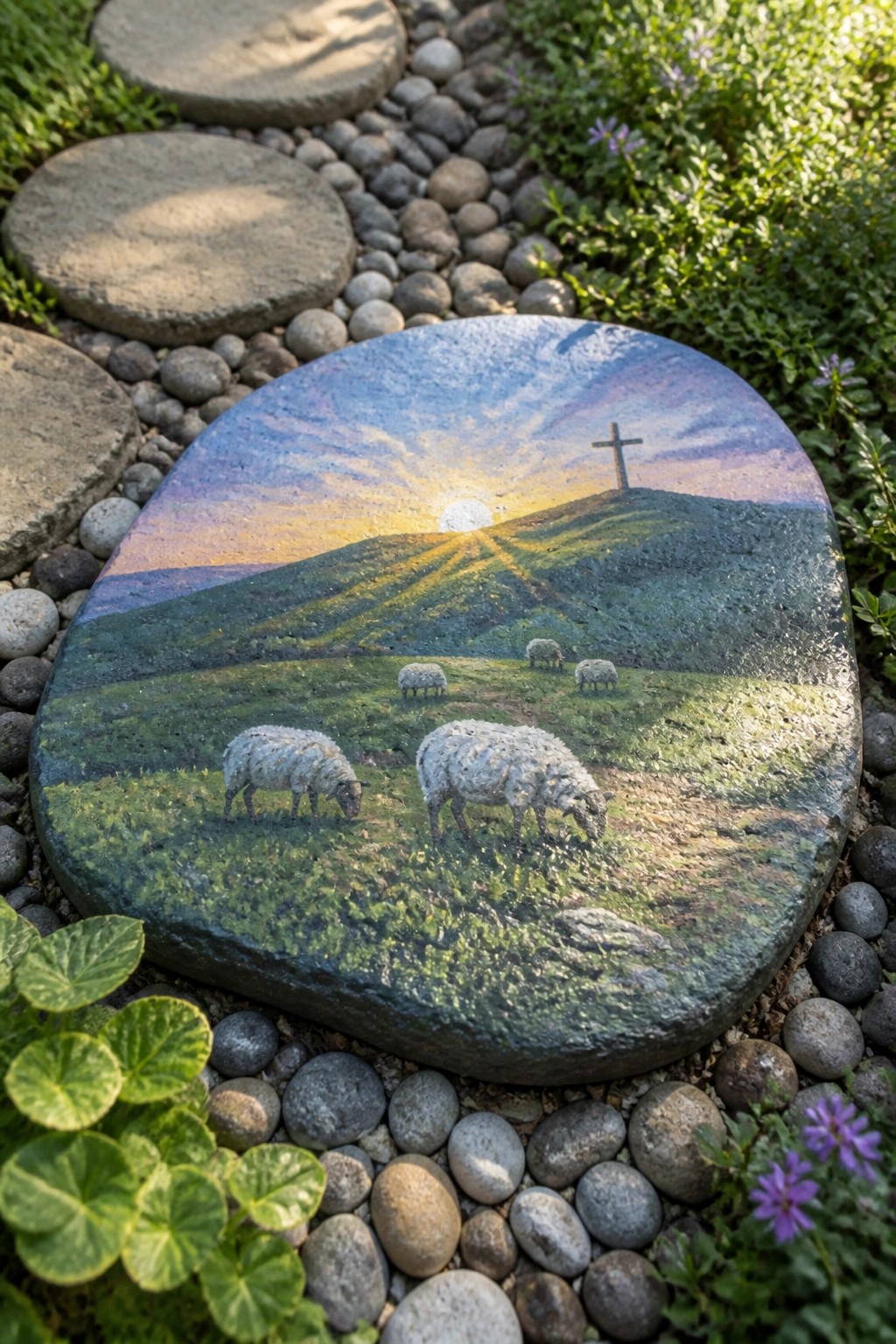 Painted rock showing sheep grazing beneath a cross on a sunlit hill.