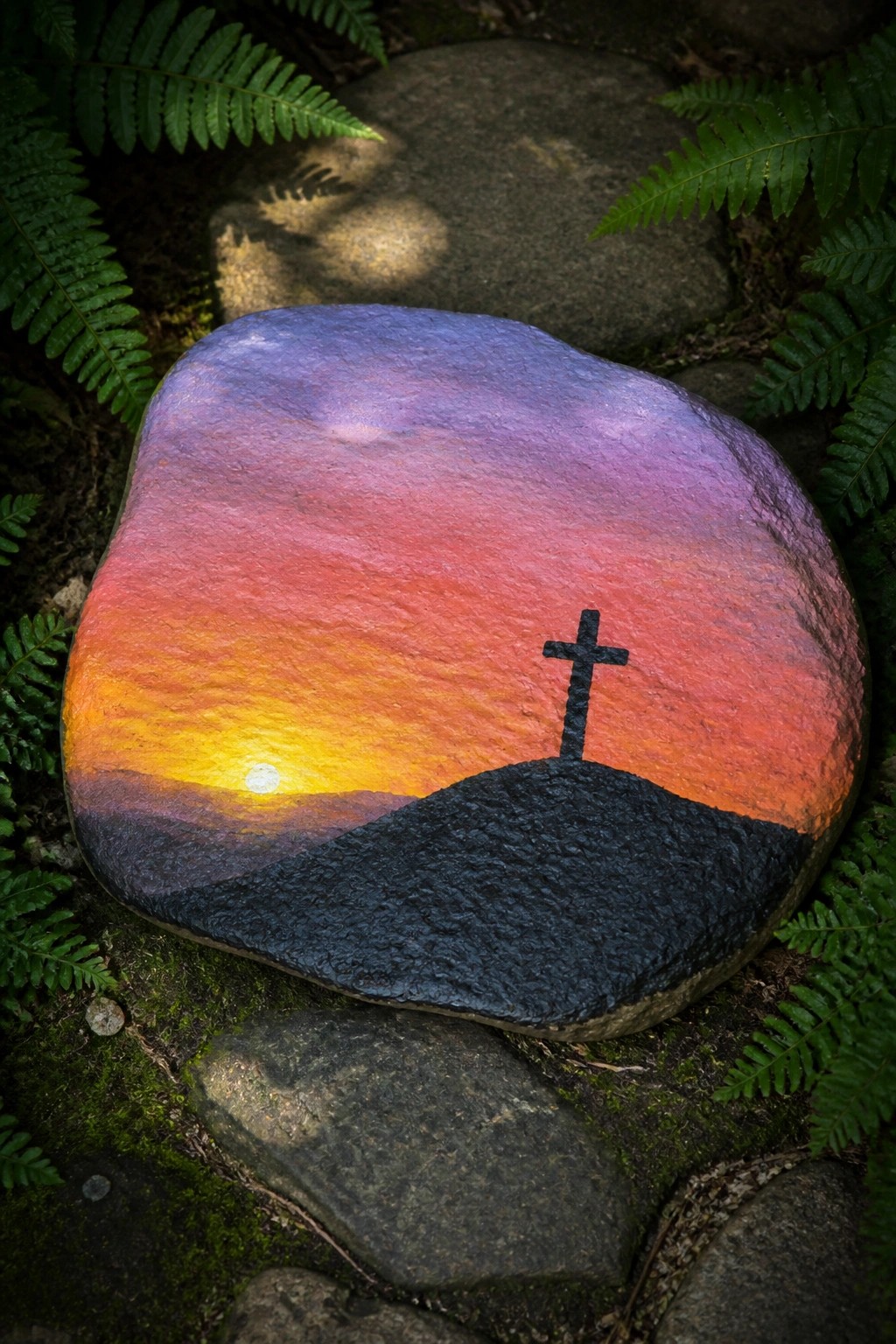 Painted rock with vibrant sunset sky, glowing sun, and black cross on hill.