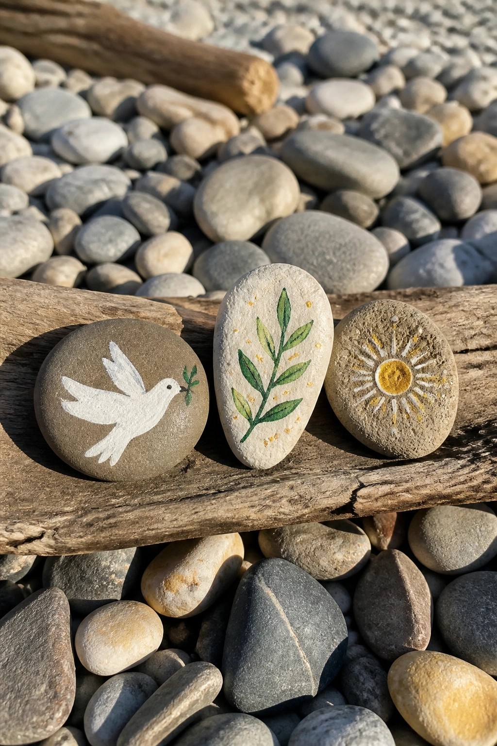 Three painted pebbles on driftwood depict a dove, leafy branch, and sun against beach stones.