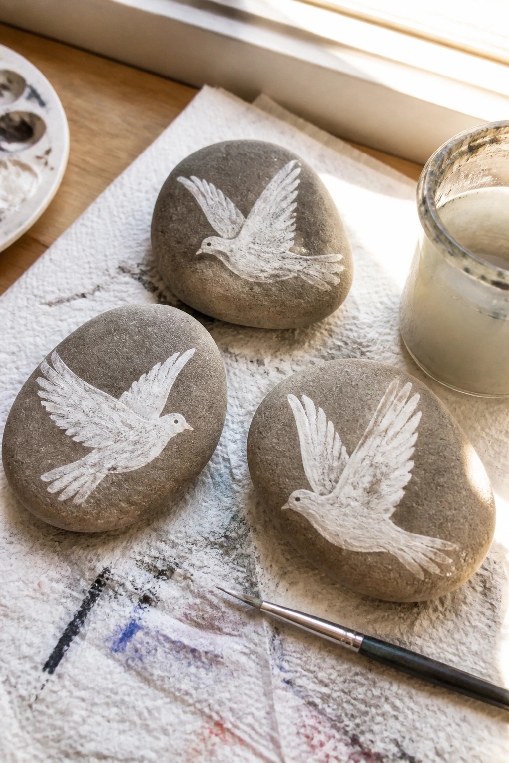 Three gray stones with white flying doves on stained paper near paintbrush and jar.