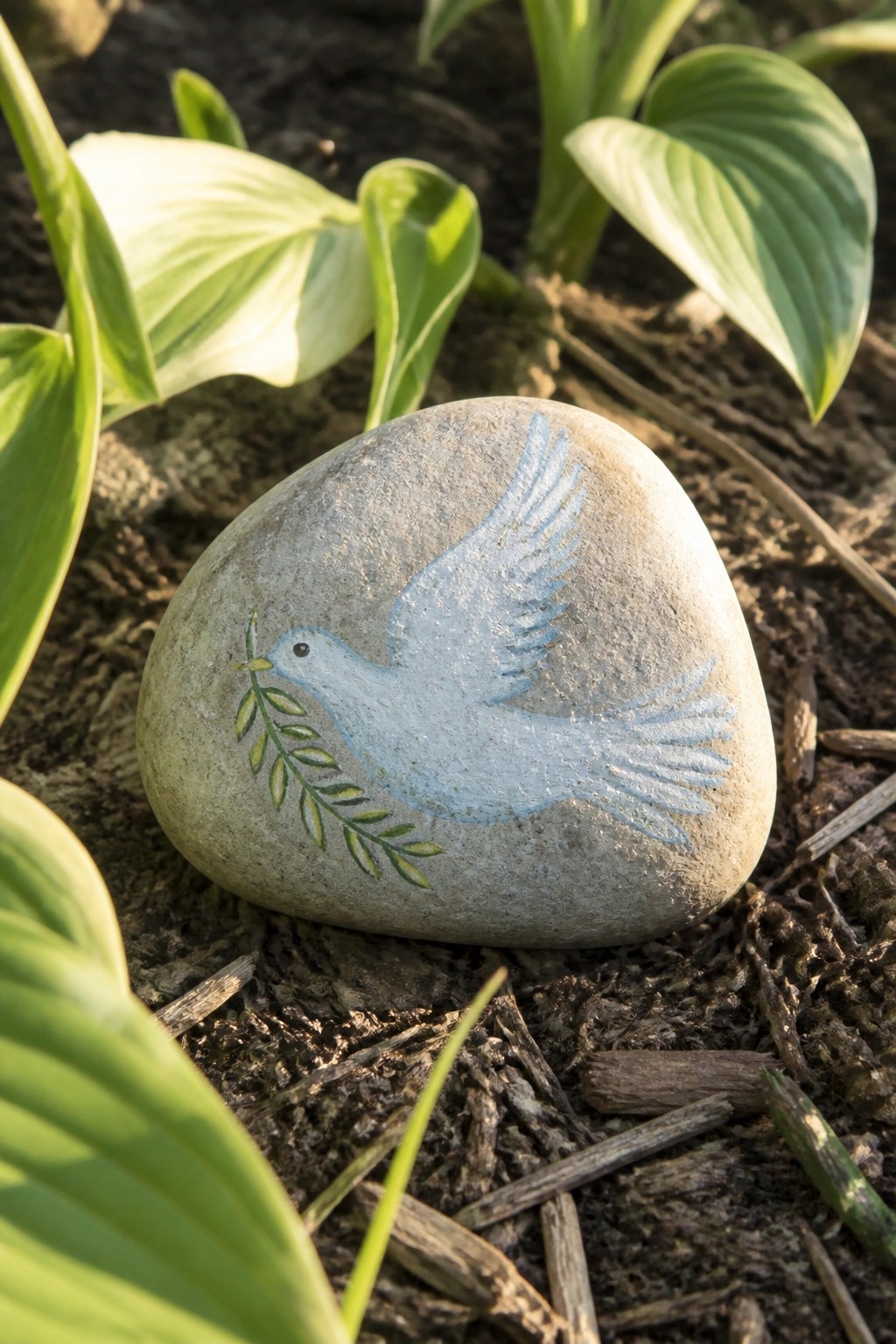 A gray stone painted with a blue dove holding a green olive branch sits among green leaves on the ground.