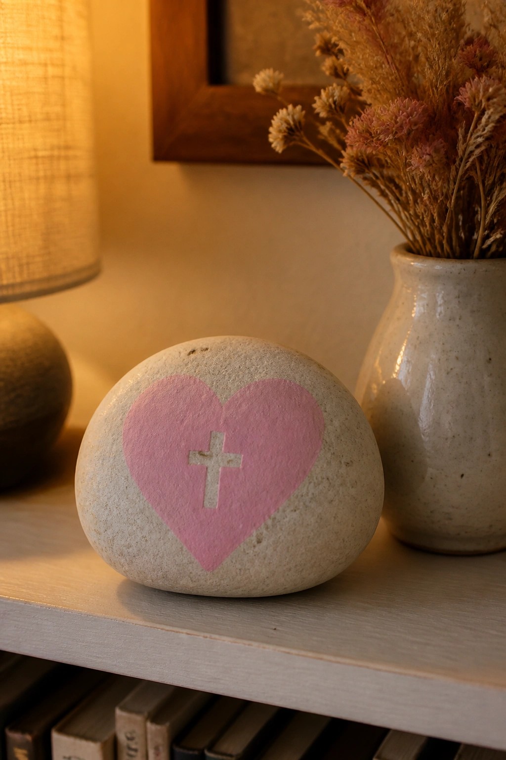 Gray stone with pink heart and white cross on shelf beside vase of flowers