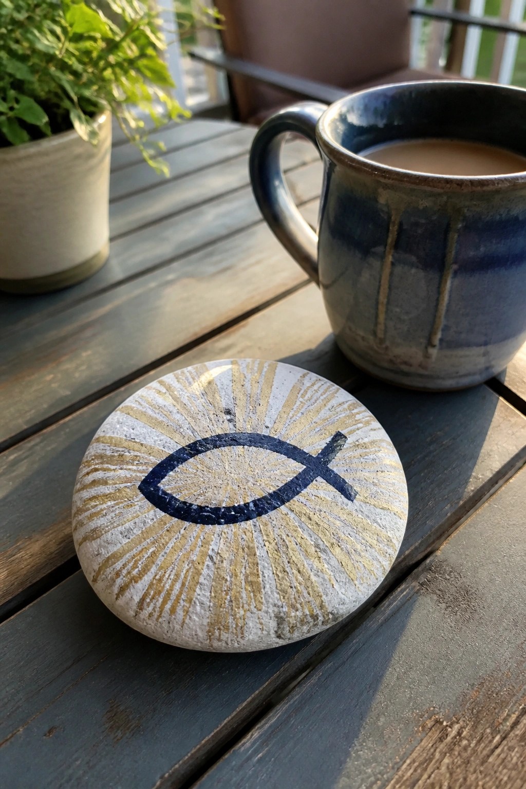 A light-colored flat stone painted with a blue fish symbol and gold radiating lines rests on a wooden table beside a blue ceramic mug.