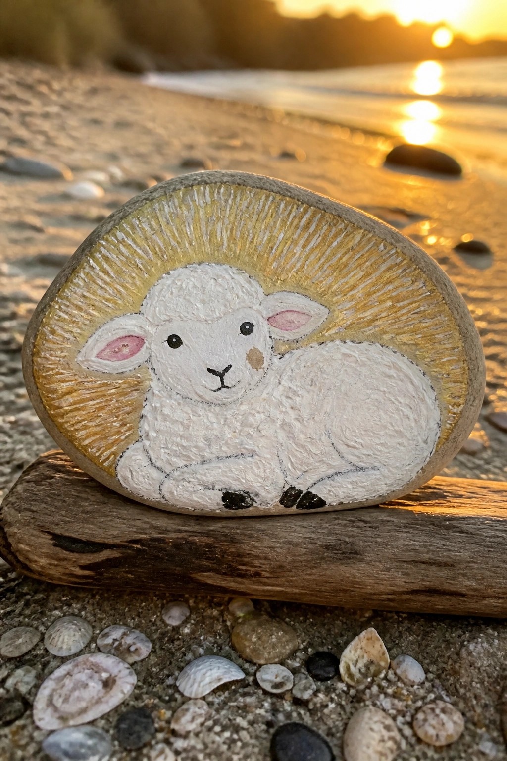 Painted rock with white lamb on golden sun rays, on driftwood at sunset beach