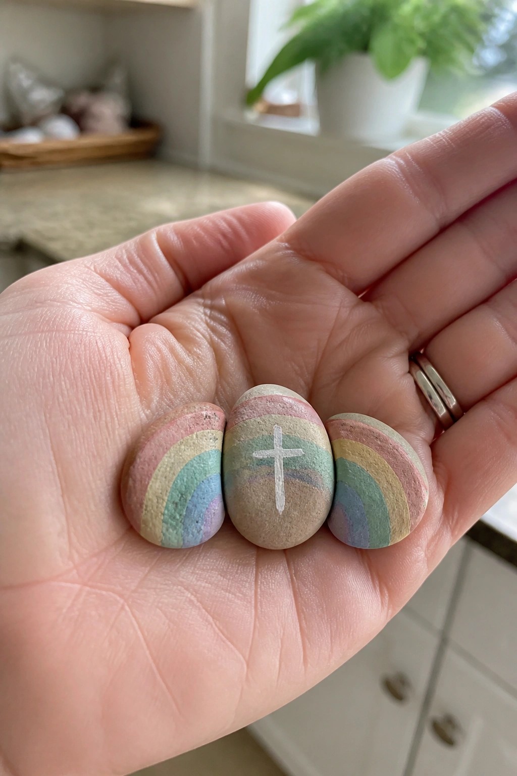 Hand holding three pastel rainbow-painted rocks, one with a white cross