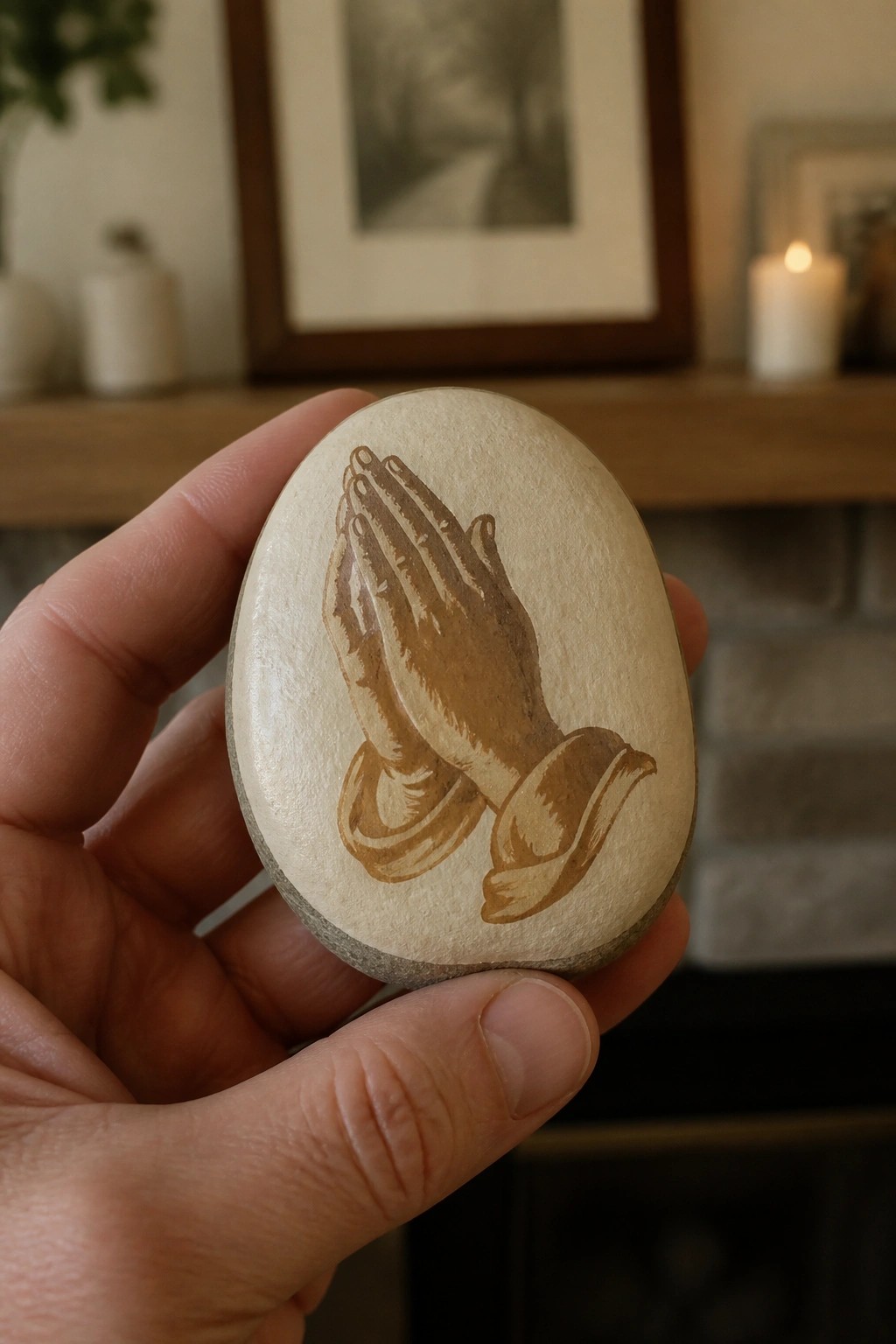 Hand holding smooth oval stone painted with praying hands in brown tones