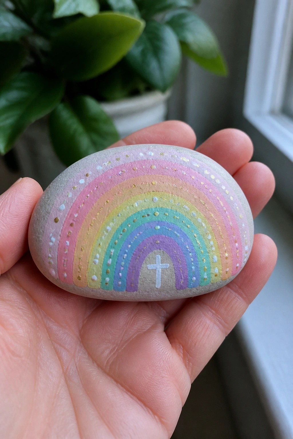 A hand holds a smooth oval stone painted with a pastel rainbow and a white cross at the bottom.