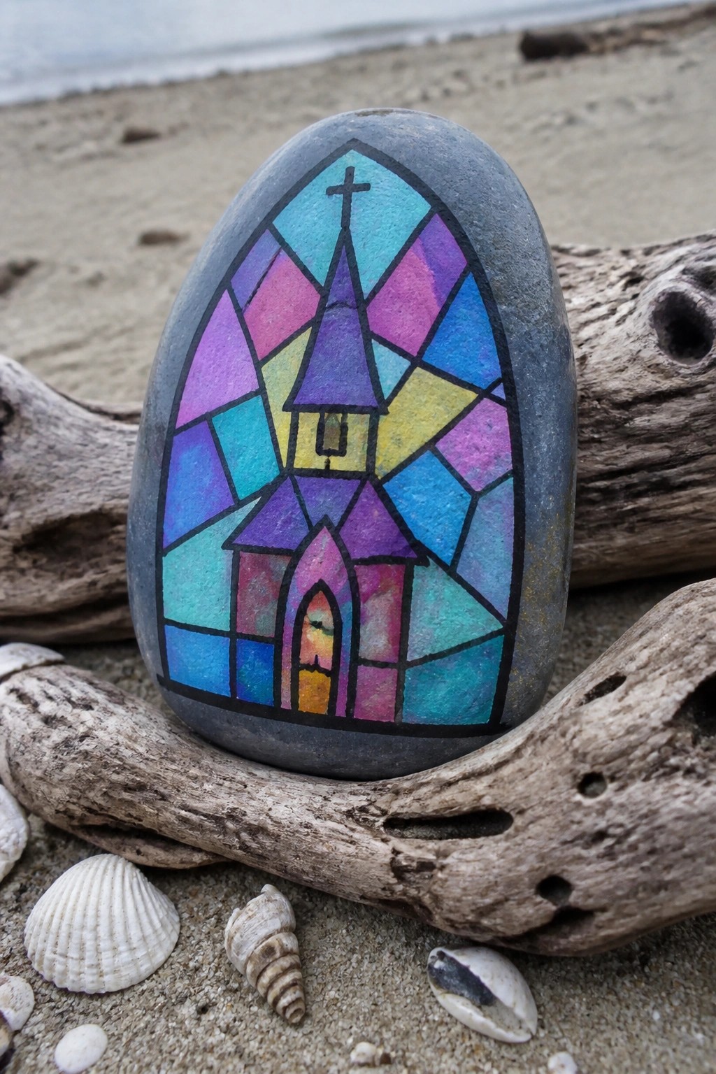 Stained-glass church in rainbow hues painted on gray rock atop beach driftwood